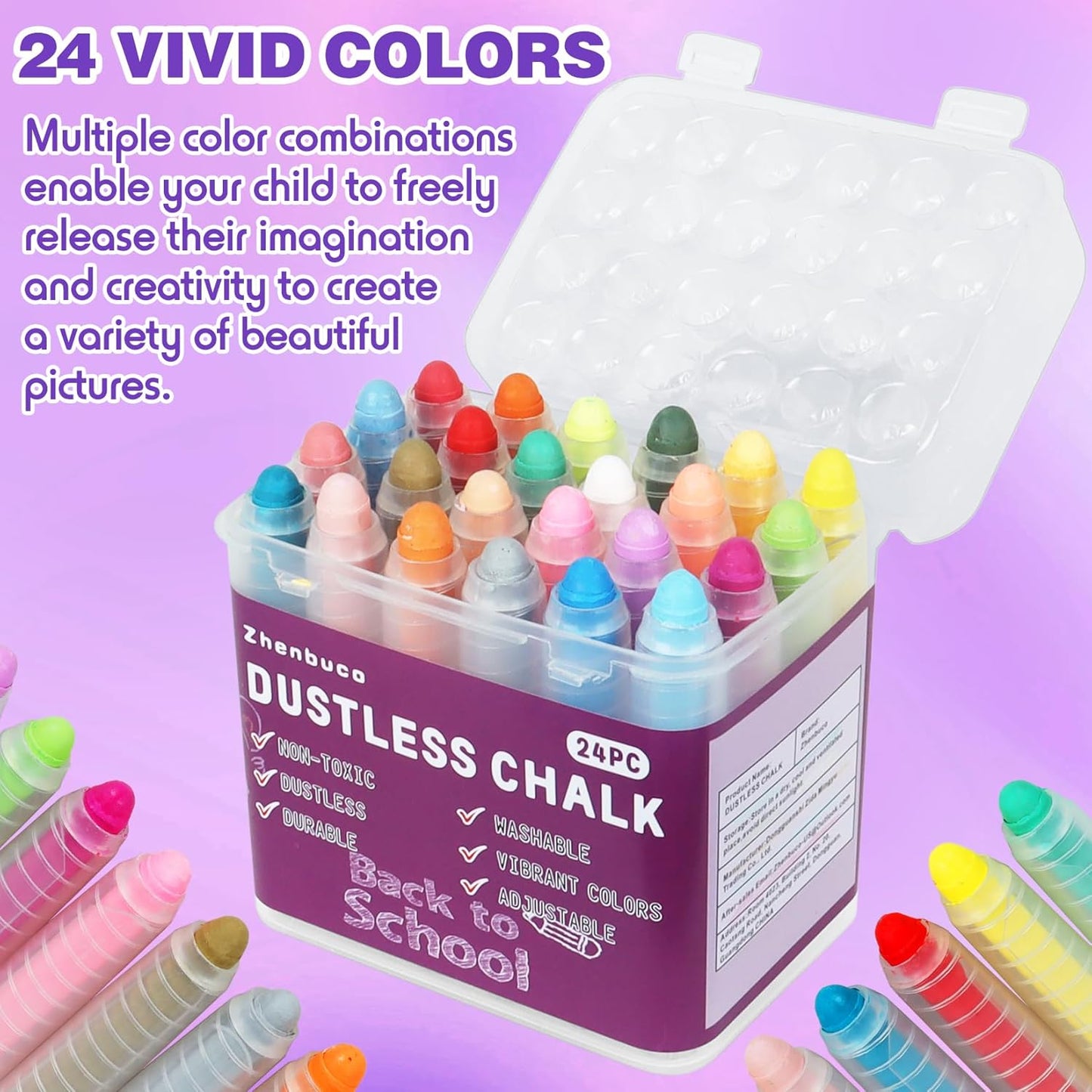 Sidewalk Chalk for Kids - 24 PCS Colored Non-Toxic Twistable Dustless Chalk with Holder, Dust-free Washable Toddler Chalk for Chalkboard Drawing Writing (Plastic Box-Packed)