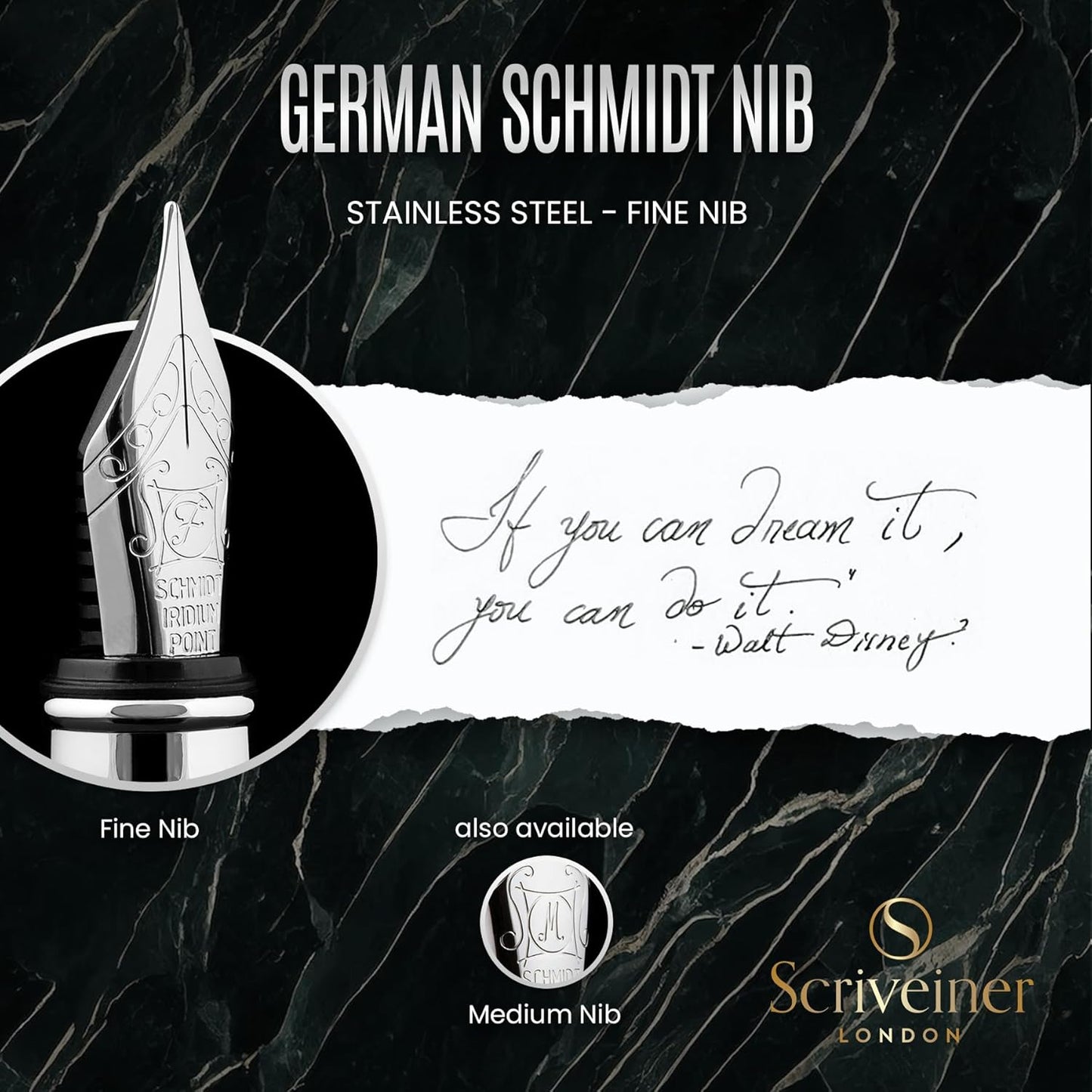 Scriveiner Black Green Fountain Pen - Stunning Luxury Pen with Chrome Finish, Schmidt Nib (Fine), Best Pen Gift Set for Men & Women, Professional, Executive, Office, Nice Pens