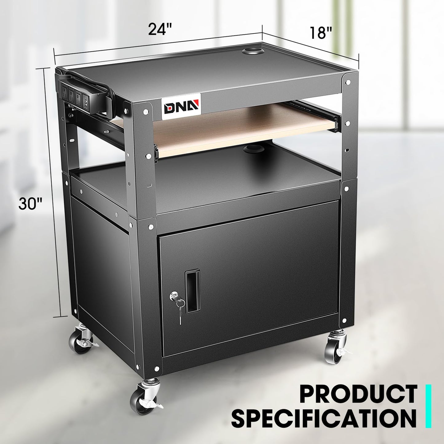 DNA MOTORING Steel AV Cart with Extra Storage, 24" X 18" X 20.7"-30" Height Adjustable 2-Layer Utility Rolling Projector Cart w/Wheels, Pull Out Tray, Power Strip, Cord Management, TOOLS-00496