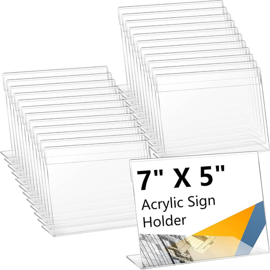 Vicenpal 200 Pcs 7x5 Inch Clear Acrylic Sign Holder Plastic L-shape Vertical Menu Stand, Picture Photo Frames, Table Paper Holder, Flyer Sign Display Stand for Restaurants, Store, Office, Wedding