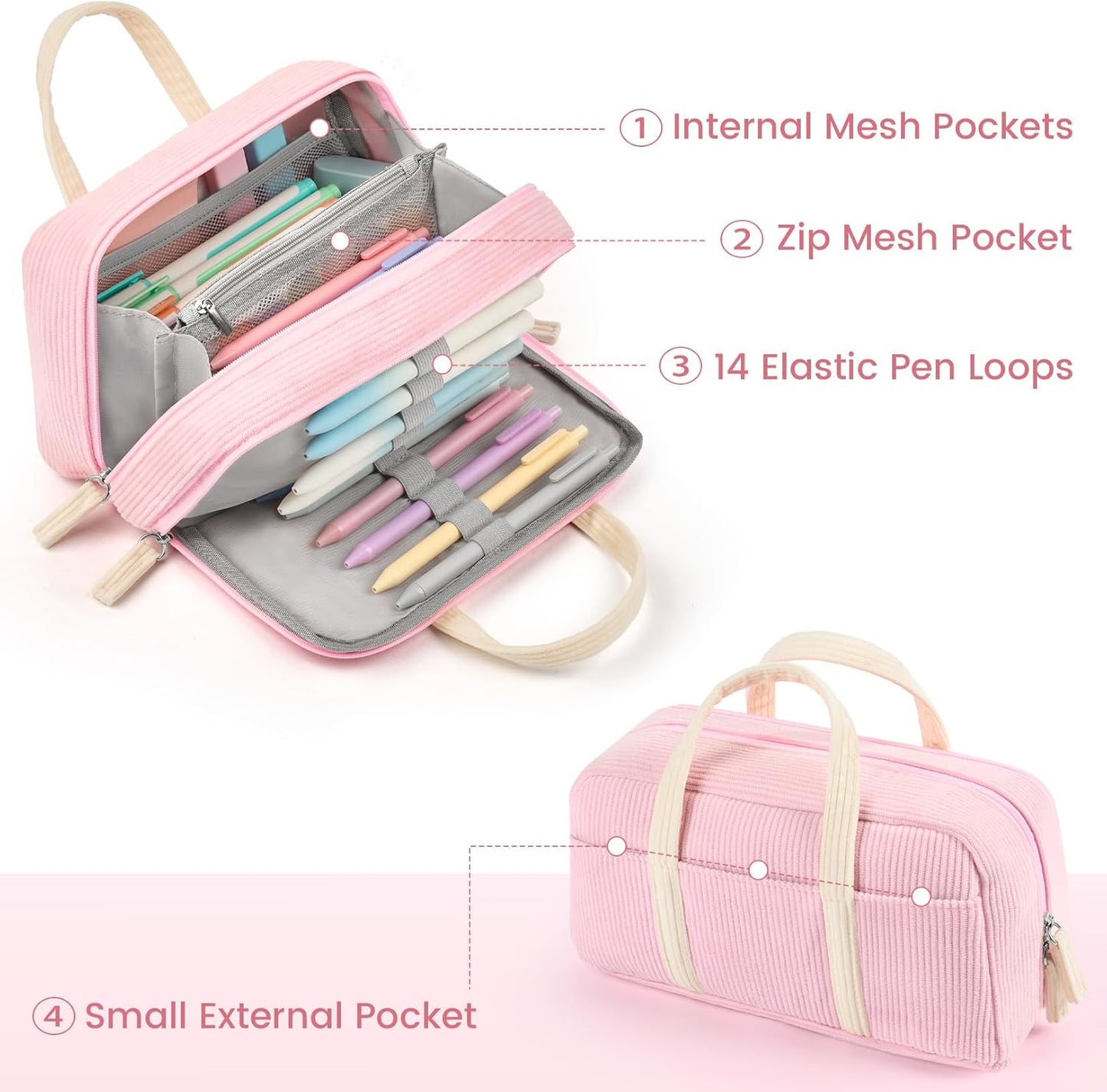 Sooez Large Pencil Case Pouch, Extra Big Pencil Bag with 5 Compartments, Pen Case Wide Opening, Soft Corduroy Pen Bag Organizer with Zipper, Cute Aesthetic School Supplies for Teen Girls, Black