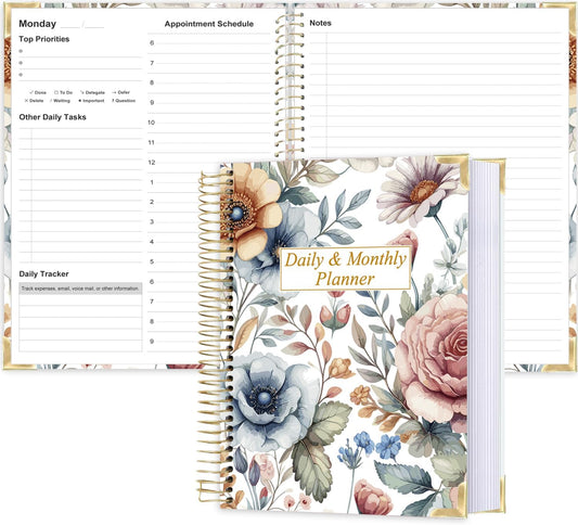 Undated Daily Monthly Planner for 2025 2026 - A4 To Do List with Hourly Schedule, Hardcover Spiral Bound Daily Planner to Increase Focus, Stylish School/Office Supplies, 8.5" x 11", Flower