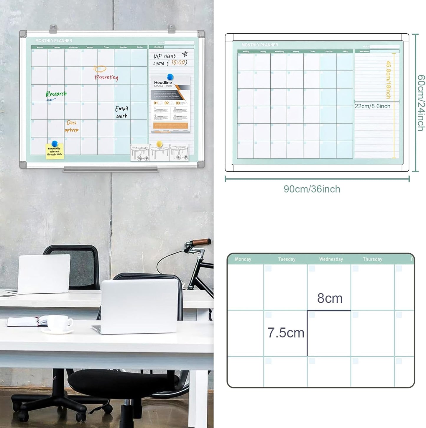 MAKELLO Dry Erase Calendar for Wall, Large White Board Calendar with Next Month for Office, Family, Kitchen and Bedroom, 36x24 inches