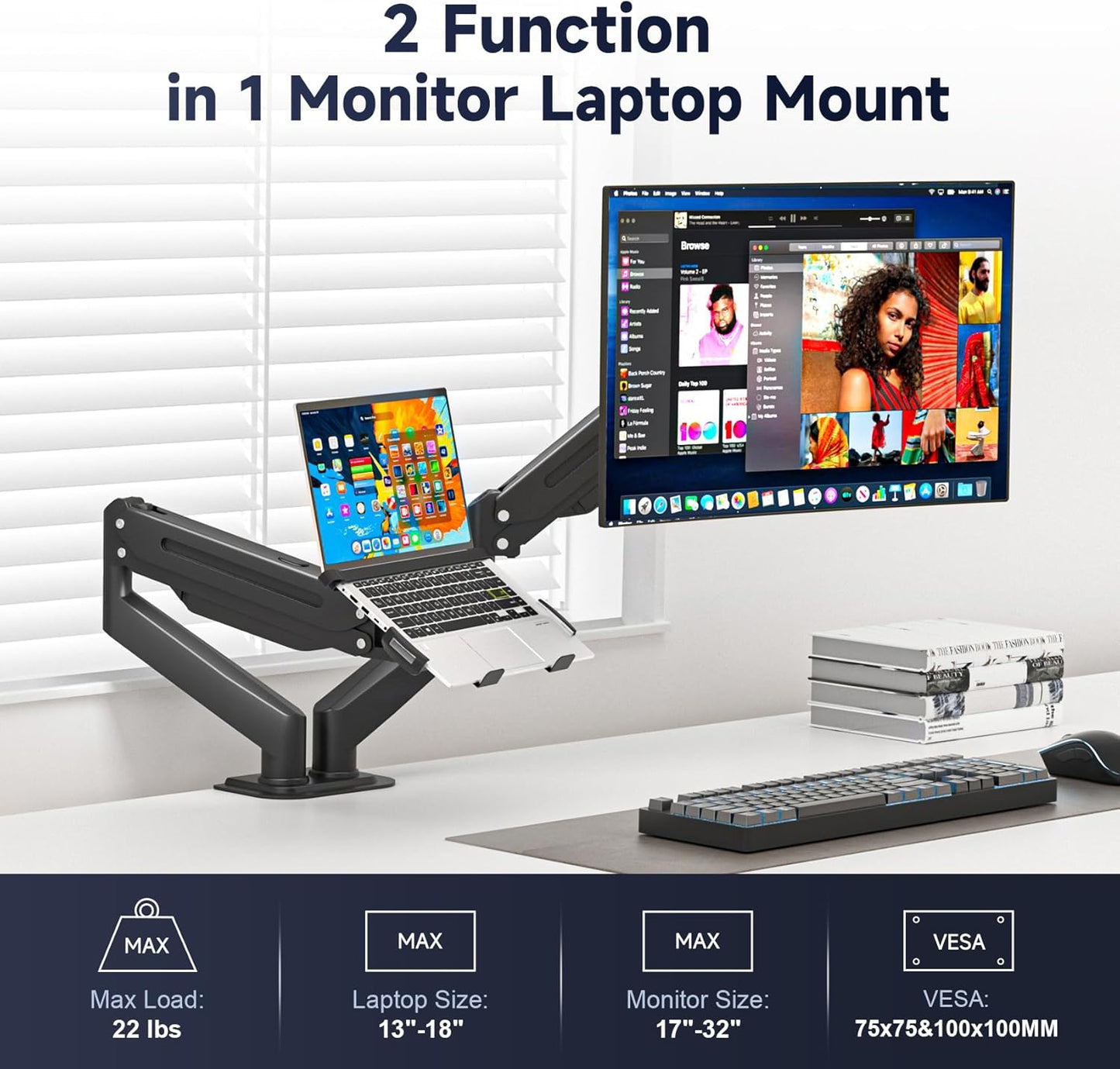 Suptek Monitor Laptop Mount Stand, 2 in 1 Function Dual Monitor Arms Desk Mount for 11"-17" Notebook and 17"-32" Monitor with Laptop Tray,Holds up to 22lbs