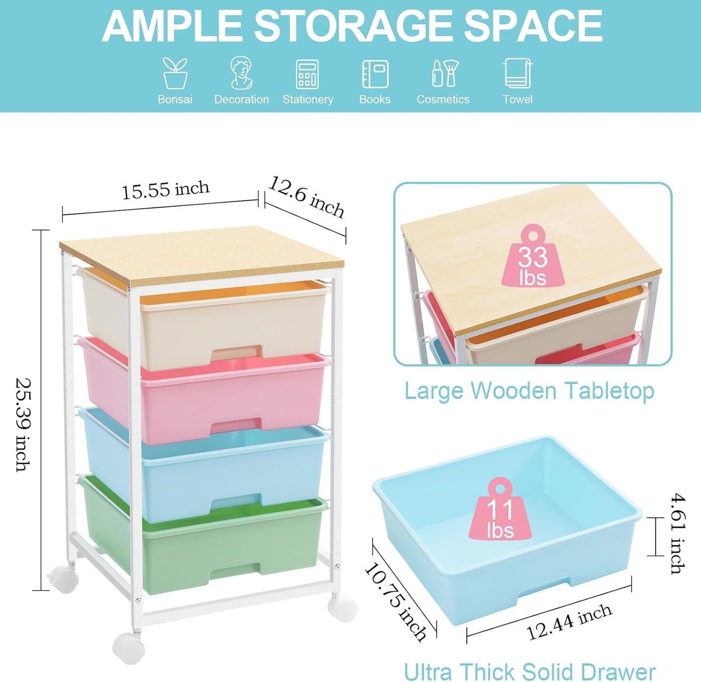 Utility Cart with 4 Drawers,Rolling Storage Cart with Drawers,Storage Rolling Drawer Cart,Rainbow