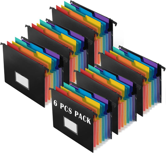 TRANBO 7-Pockets Hanging File Folder with Retractable Hooks for Filing Cabinet, Letter Size Expandable Accordion File Organizer with Elastic Band for File Frame or On-The-Go Use (6 Pack)