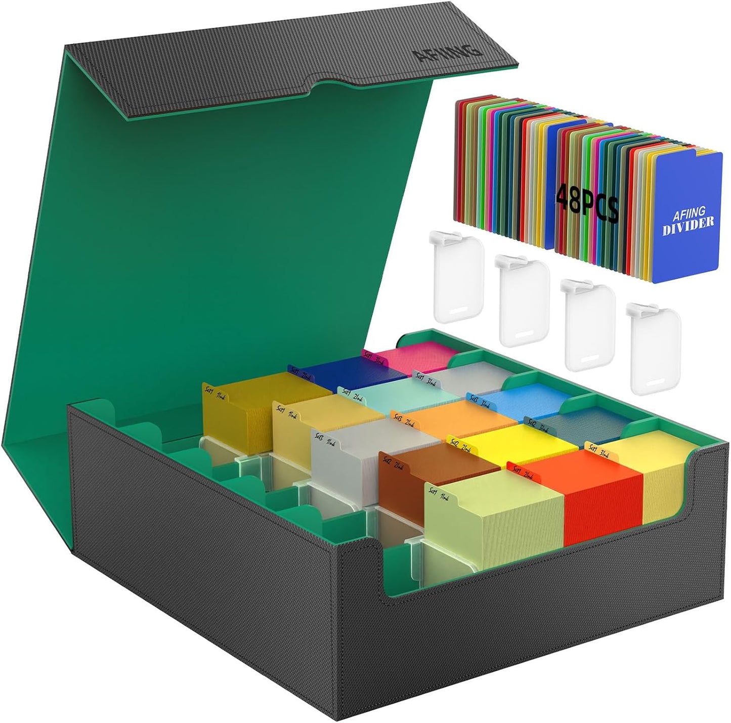 AFIING Trading Card Storage Box, MTG Deck Box with 48 Dividers & Supporters, Commander Card Deck Case Fits for Magic Game Cards, YugiOh, TCG, baseball and Sport Cards, Black Green 3200+