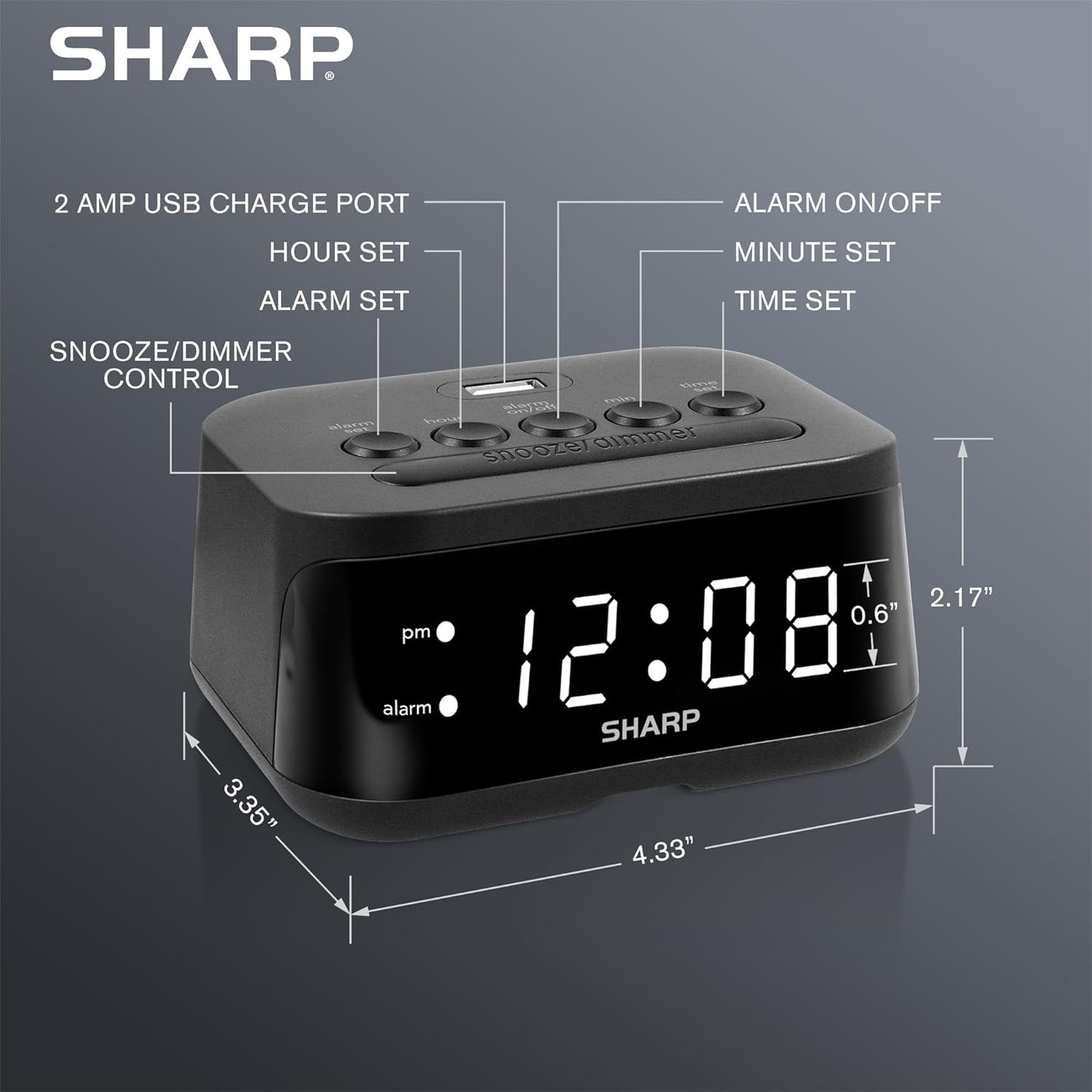 Sharp Digital Alarm Clock with USB 2 AMP Fast Charge Port & White LED Display
