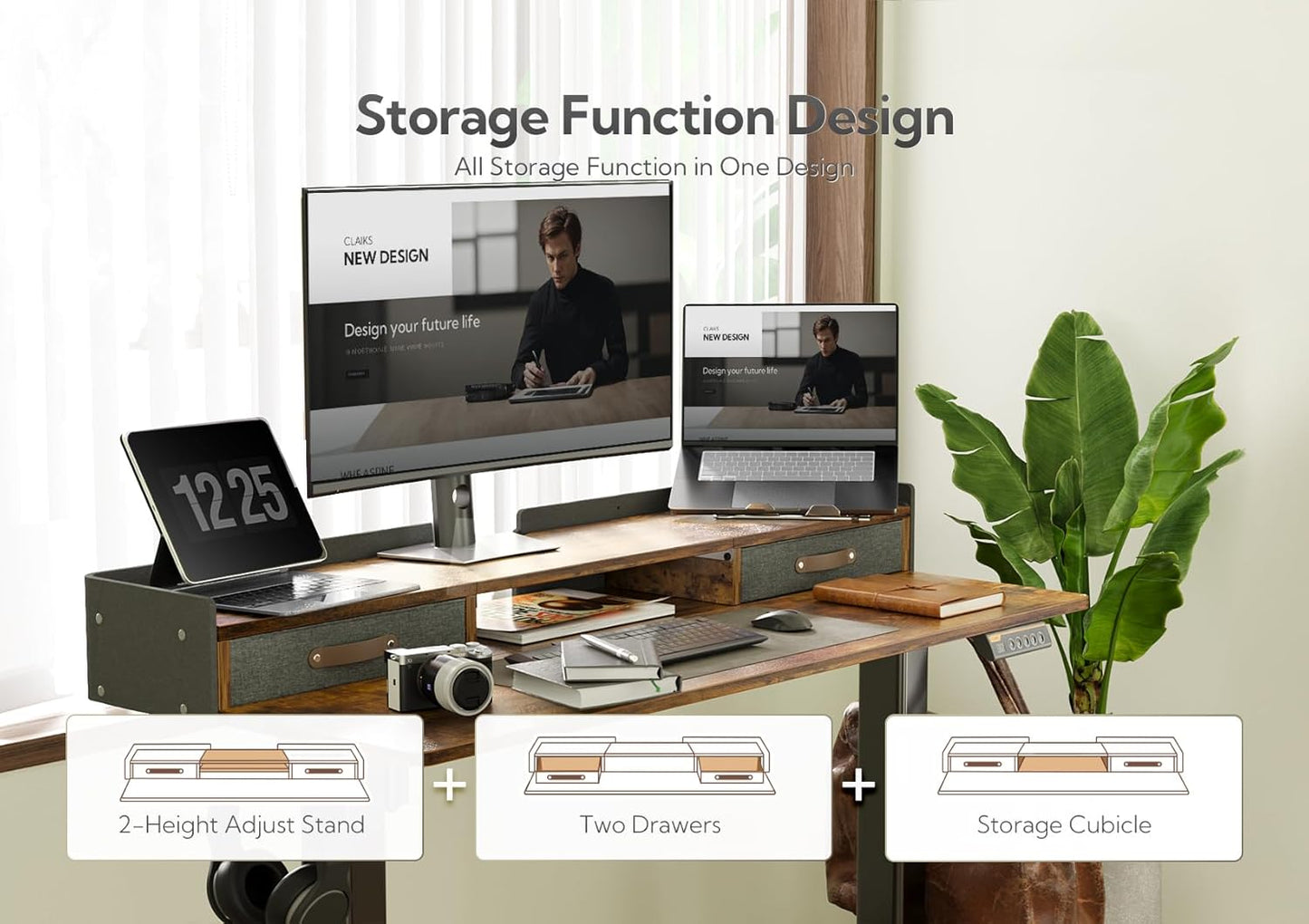 YDN Rustic Brown 2-Tier Adjustable Electric Standing Desk, 63 inch, Modern Design with 2 Drawers, Felt Fence, Hook, for Office