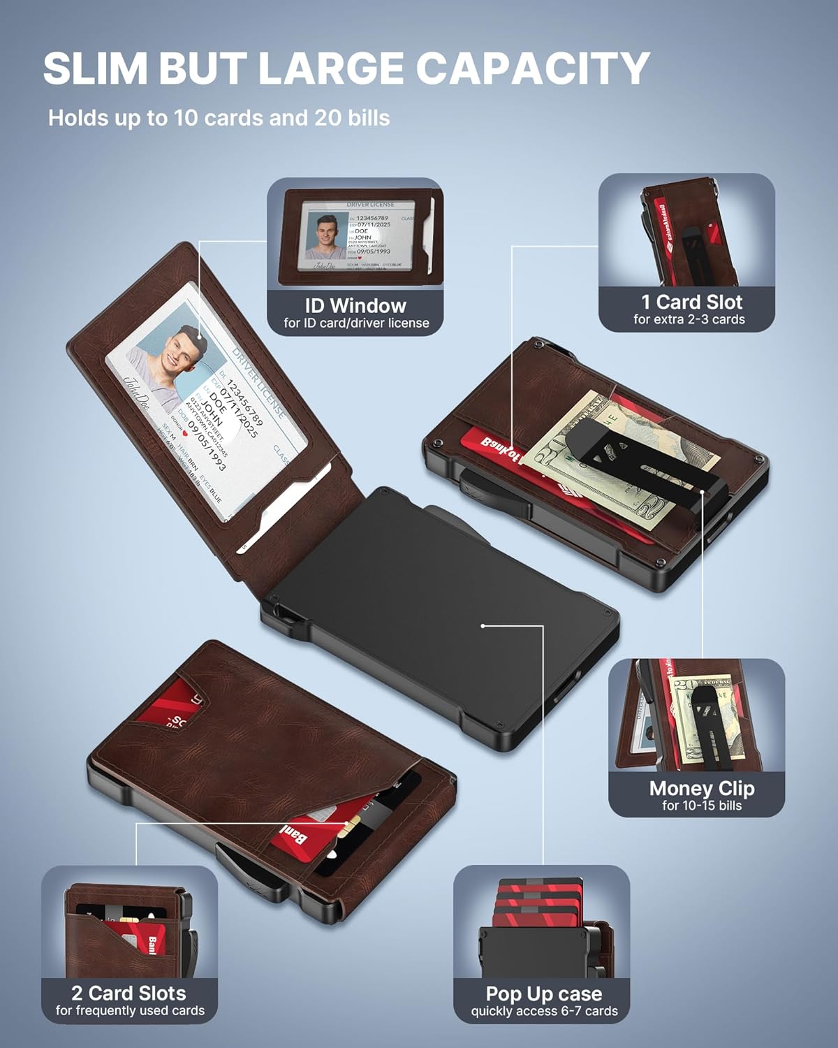 typecase Tactical Wallet for Men Card Holder: Pop Up Card Case, Genuine Leather, Smart, RFID Blocking, Slim, Minimalist, Thin, Front Pocket - 9-13 Card Capacitiy, ID Window, Money Clip (Brown)