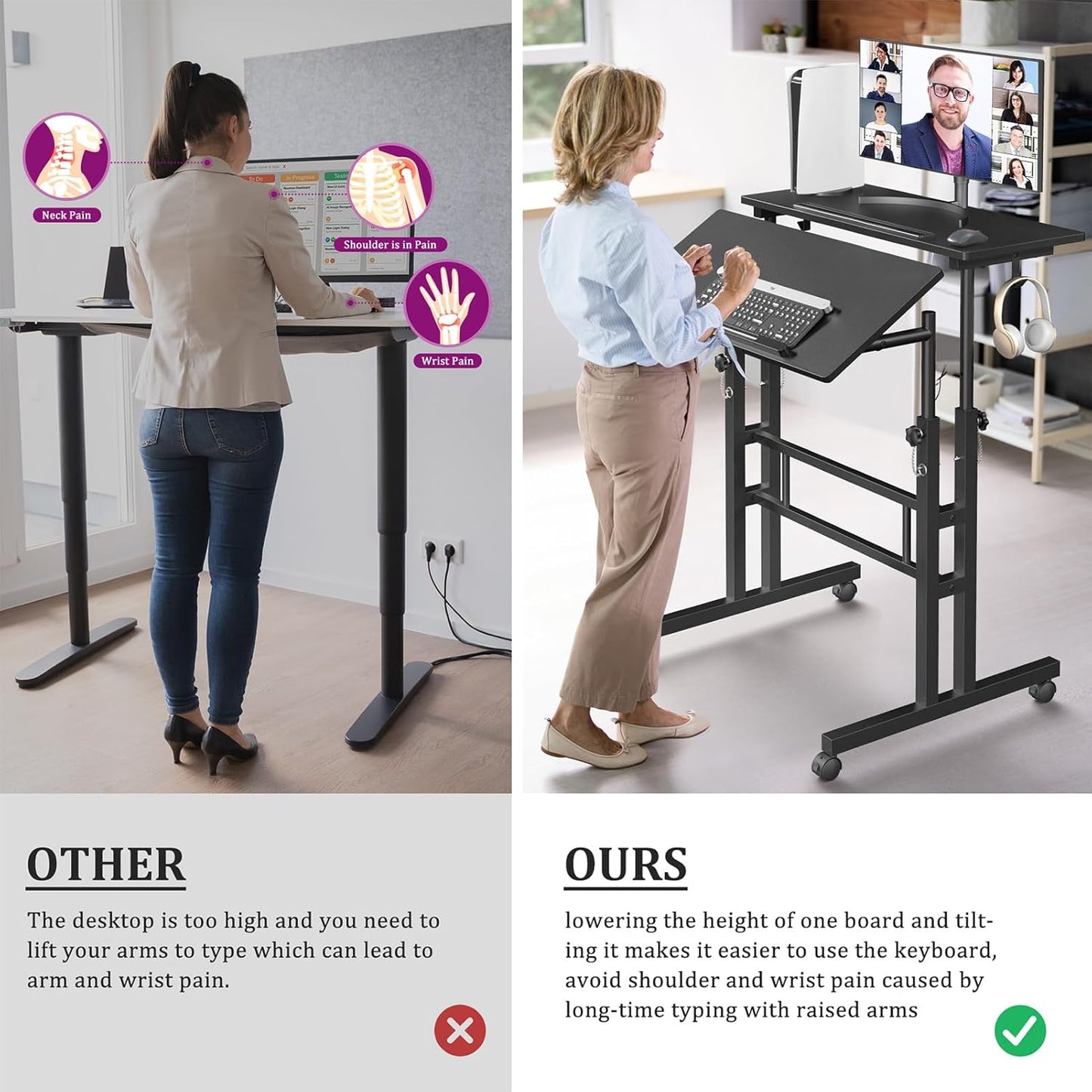 Small Standing Desk with Wheels, Mobile Stand Up Desk, Portable Standing Table on Wheels for Walking Pad, Rolling Computer Desk Adjustable Height, Tall Table
