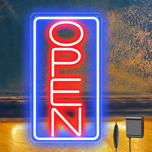 Led Neon Open Signs for Business,16.5"X 9" Ultra Bright Open Signs, Powered by 12V/2A AC Adapter, 6 Levels Adjustable Bright Led Neon Open Sign for Bar Salon Coffee Stores Club Hotel (Vertical)