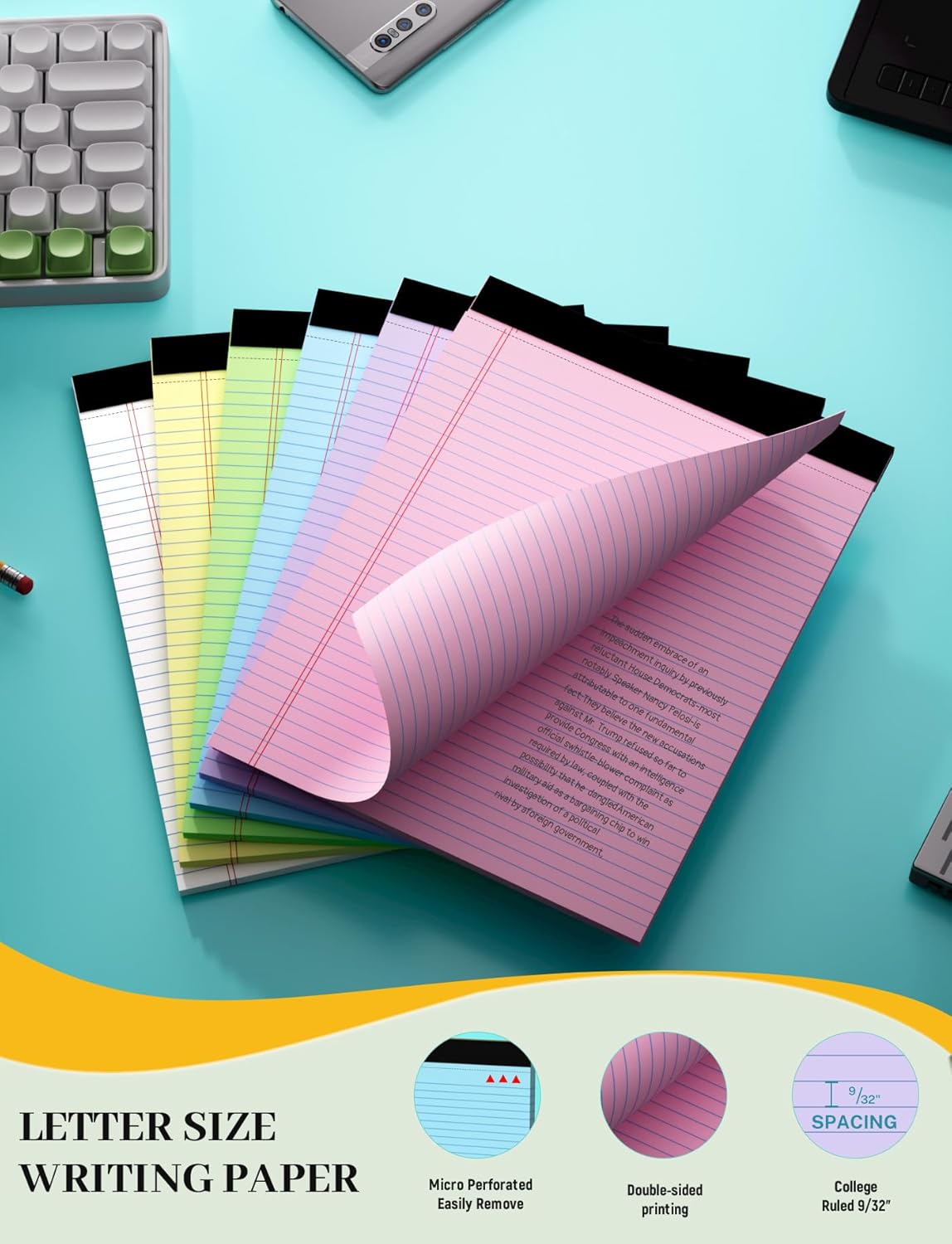 12 Pack Legal Pads 8.5 x 11, College Ruled, 30 Sheets Per Colored Legal Pads 8.5 x 11, Perforated Lined Paper Pads 8.5 x 11, Writing Pads with Sturdy Backing, Note Pads for School, Office, Home