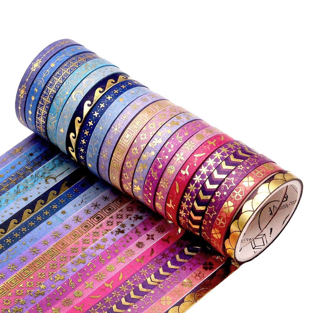 AEBORN Thin Purple Washi Tape - 20 Rolls 5mm Gold Foiled Skinny Washi Tape Set, Pretty Star Washi Tape for Bullet Journal, Scrapbook, Gift Packaging, DIY Crafts