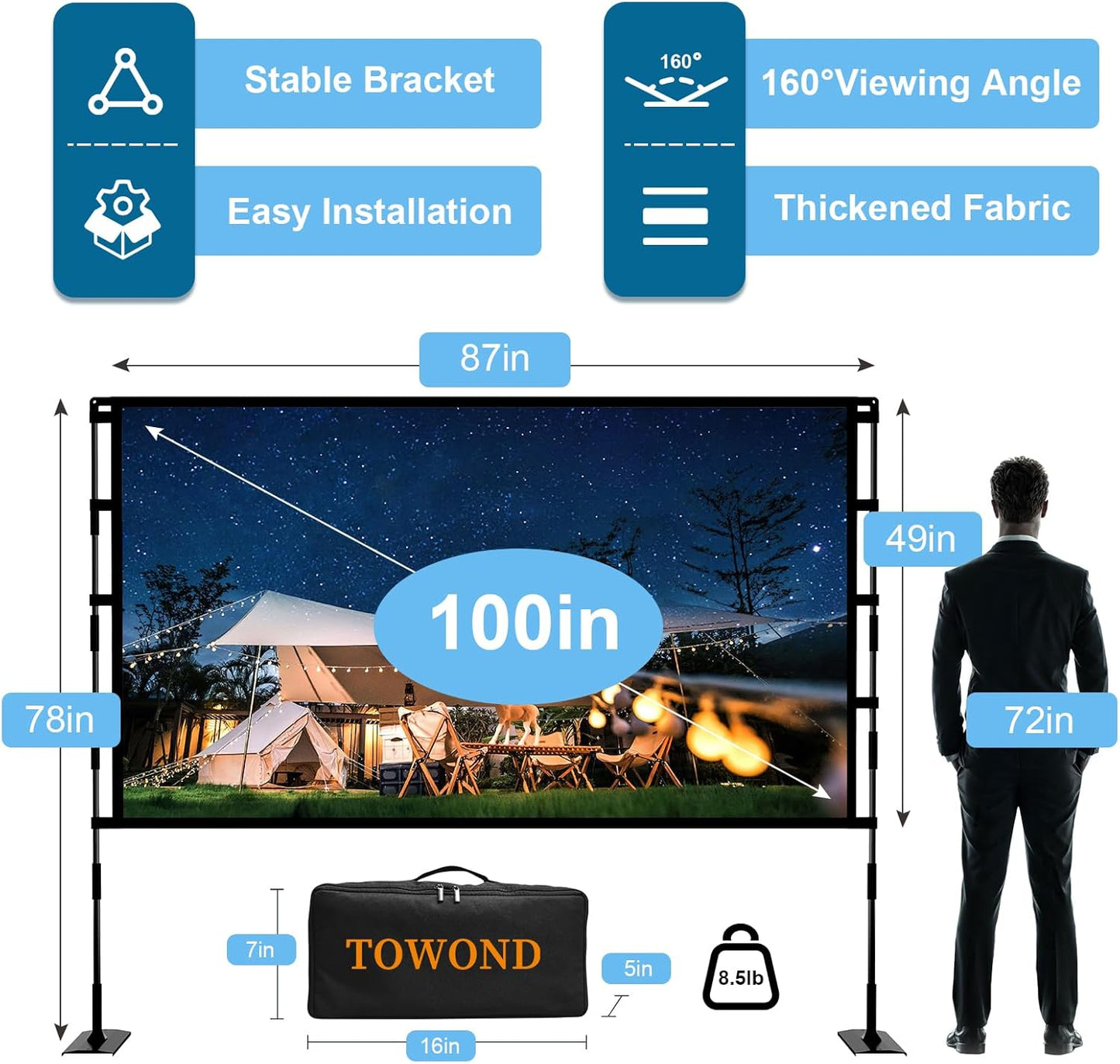 TOWOND Projector Screen and Stand, 100 inch Outdoor Projector Screen Indoor, Portable Movie Screen 16:9 4K Front Rear Projection Screen with Carry Bag Wrinkle-Free Design for Home Backyard Theater