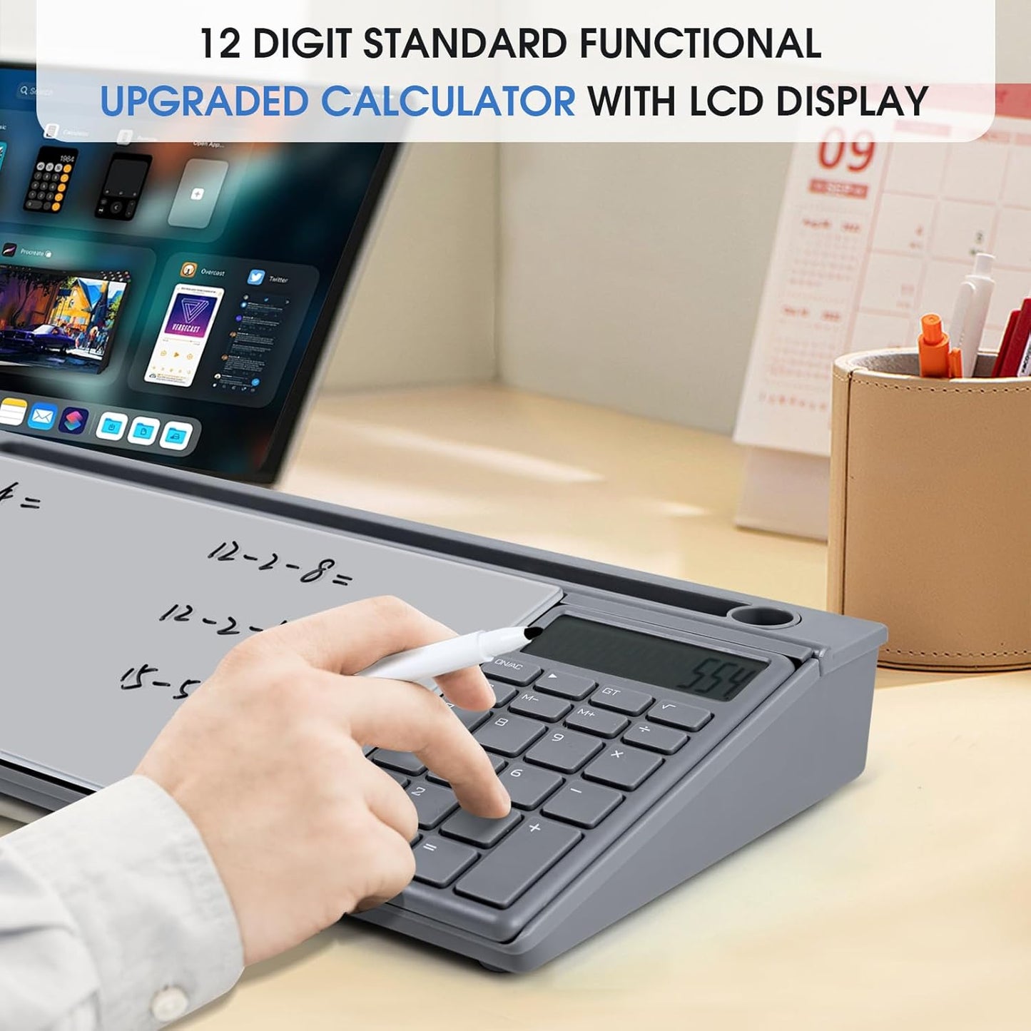 Varhomax Glass Desk Whiteboard Gray with Calculator, Desktop Organizer Dry Erase White Board with Storage, to Do List Memo Notepad for Home Office and School Supplies