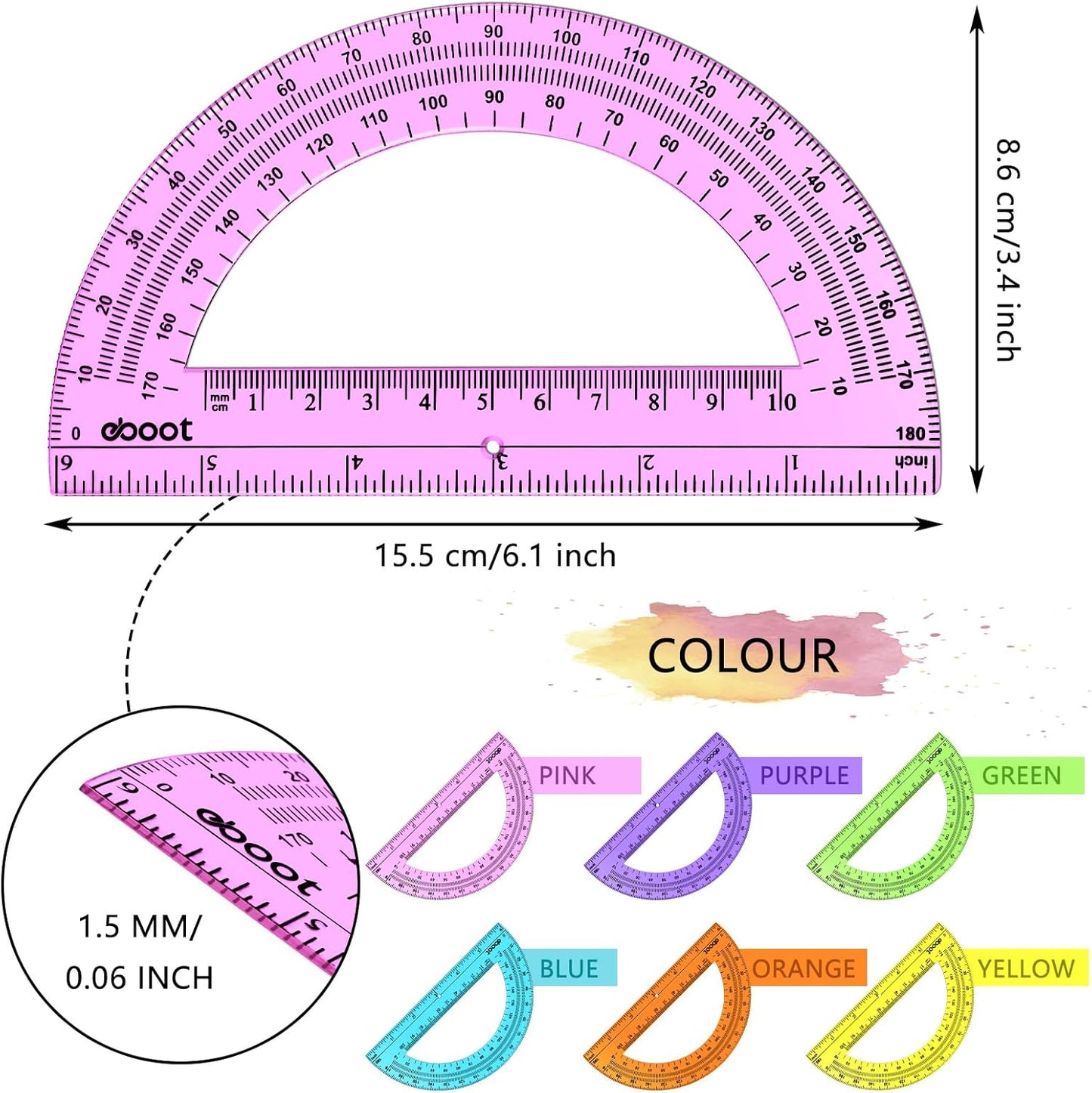 EBOOT 24 Pack Plastic Protractors Math Protractor 180 Degrees 6 Inch (Multi Colors)