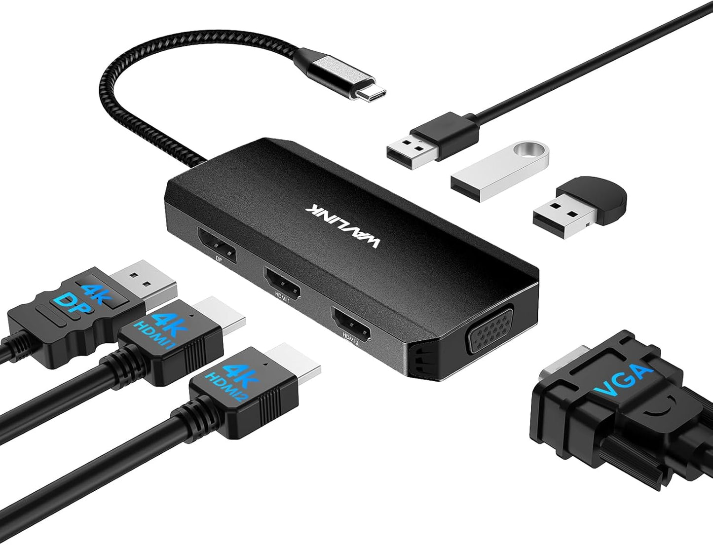 WAVLINK USB-C Docking Station for MacBook, Dell XPS, Lenovo Yoga, HP Laptops - Dual HDMI, DisplayPort, VGA, 3 USB 2.0 Ports, Black