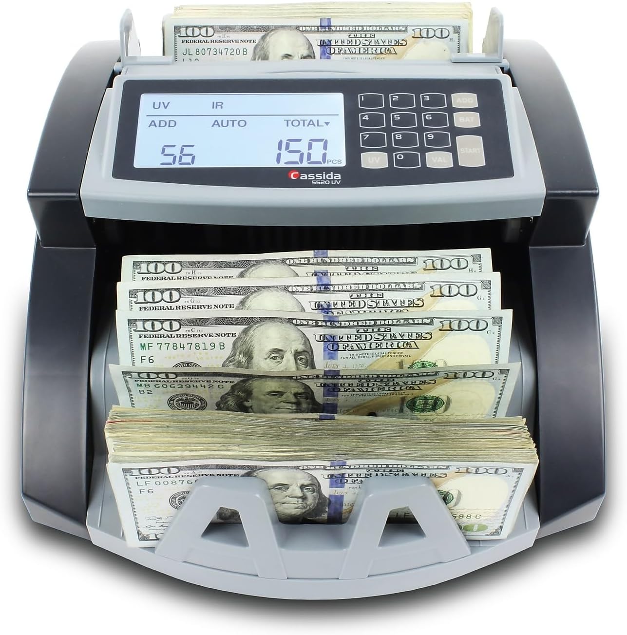 Cassida 5520 UV - USA Money Counter with ValuCount, UV/IR Counterfeit Detection, Add and Batch Modes - Large LCD Display & Fast Counting Speed 1,300 Notes/Minute