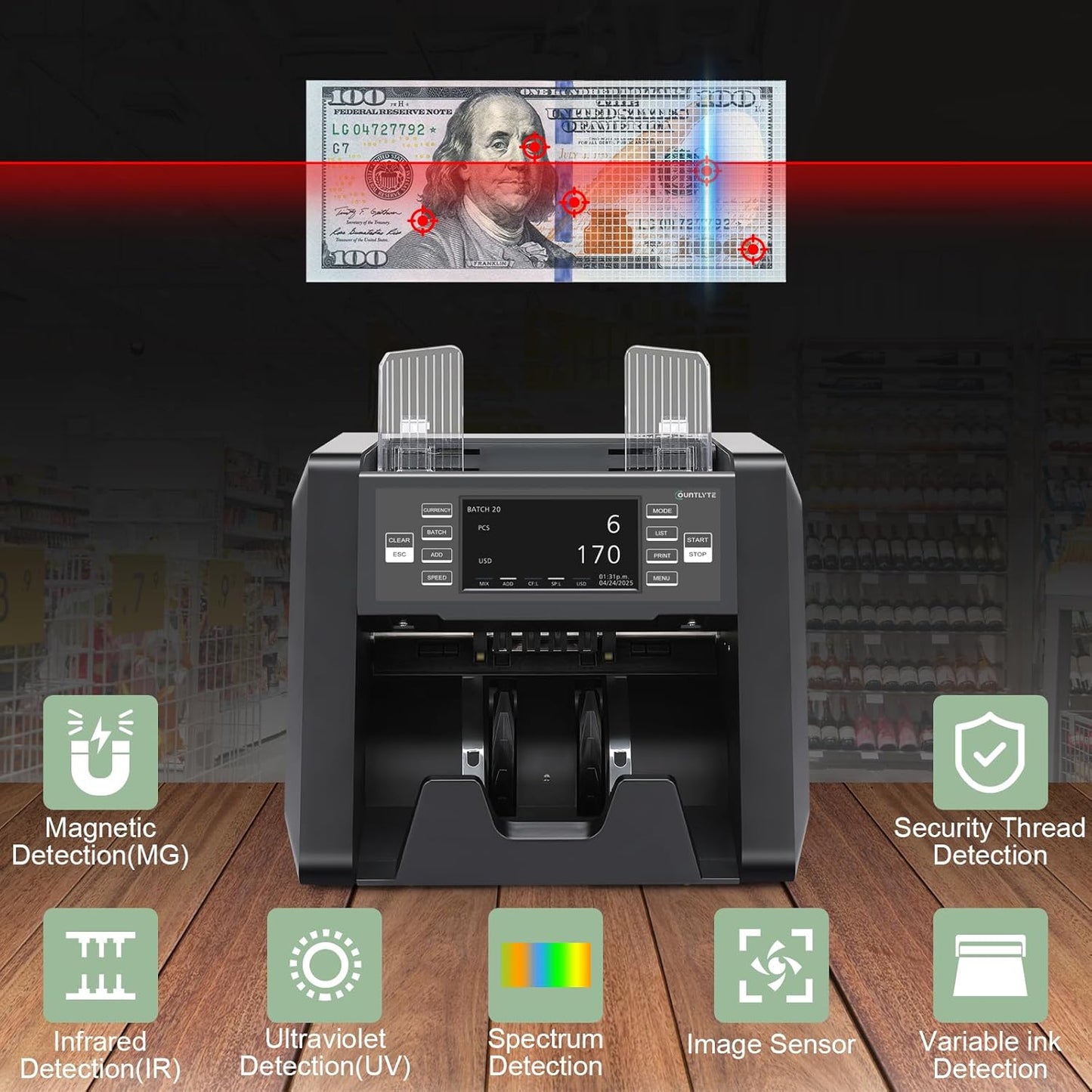 N30 Money Counter Machine Mixed Denomination, Multi Currency Value Count, CIS/UV/MG/IR Counterfeit Detection, Printer Enabled Cash Counter for Business