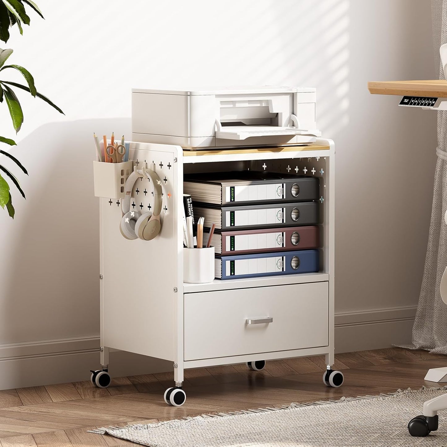 TOOLF 1-Drawer Mobile File Cabinet with Wheels, MDF Wooden Panel Printer Stand with Adjustable Shelves, 2 Storage Bins & 4 Hooks, Home Office Organization