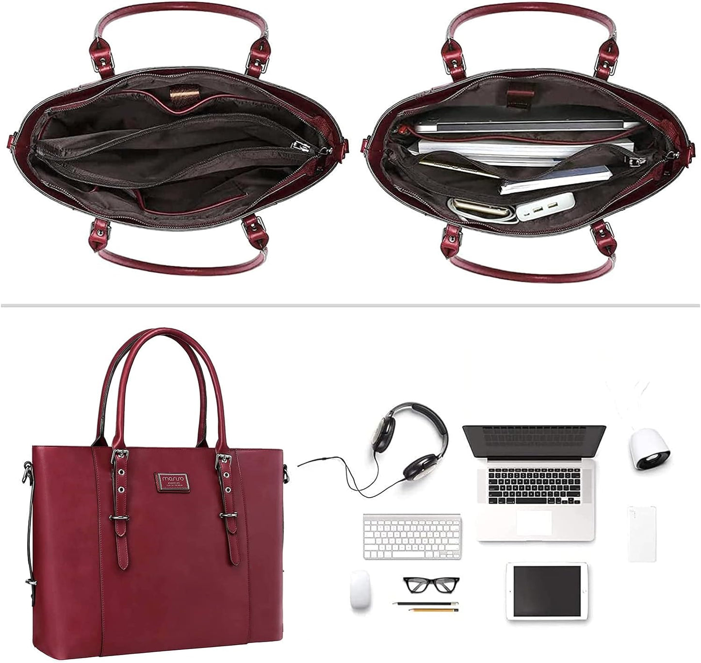 MOSISO PU Leather Laptop Tote Bag for Women, Waterproof Large Capacity Business Work Briefcase Shoulder Laptop Bag