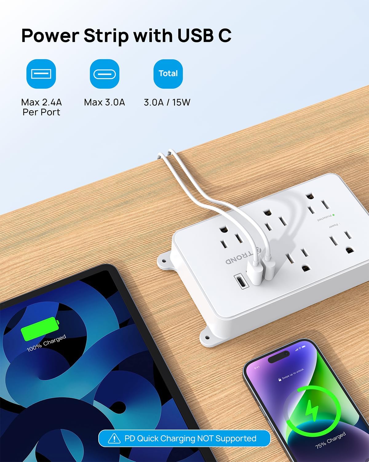 TROND Power Strip with USB, Surge Protector Flat Plug with 5 Widely-Spaced Outlets and 3 USB Ports, ETL Listed, 1300J, Wall Mountable, 5ft Extension Cord, for Office Kitchen, White