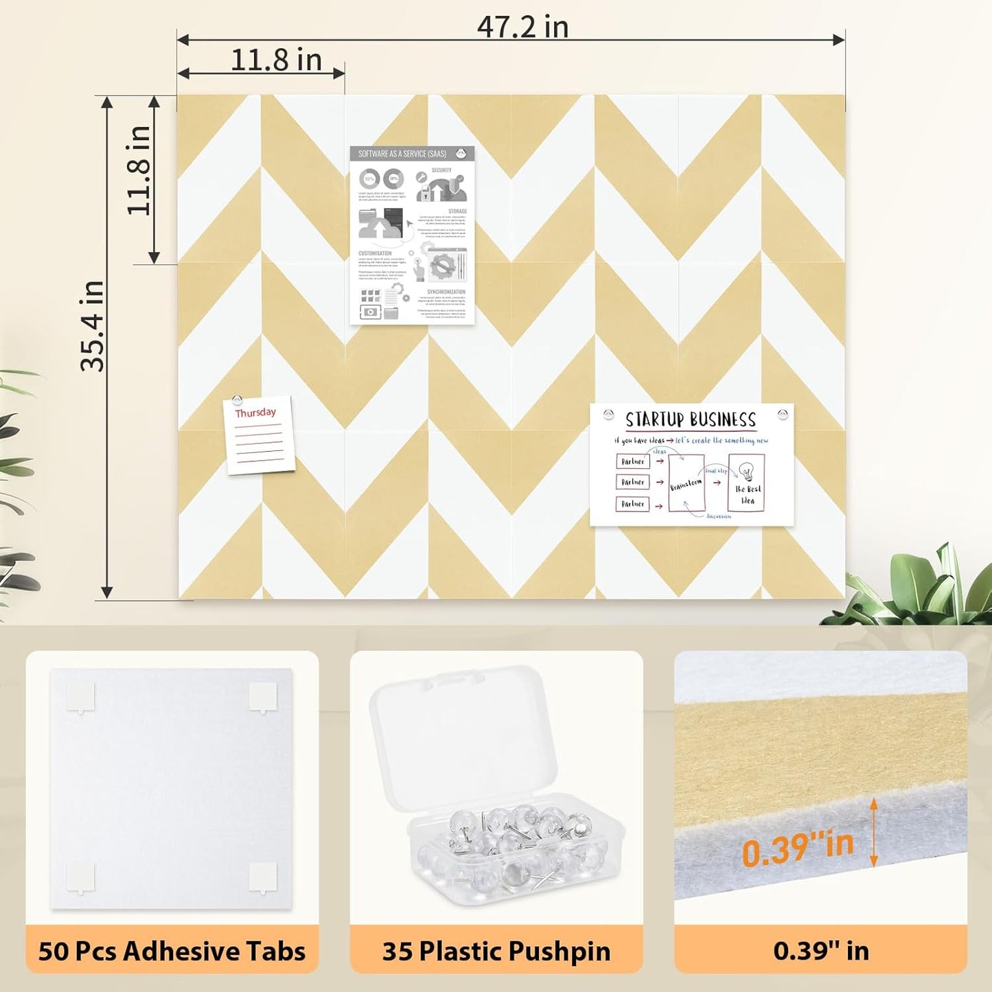 Smarpau Felt Cork Board 48"x36", 12 Pack Large Bulletin Board with 50 Removable Adhesive Tabs 35 Pushpins, Pin Board Tack Board, Cork Bulletin Boards for Home Office Decor