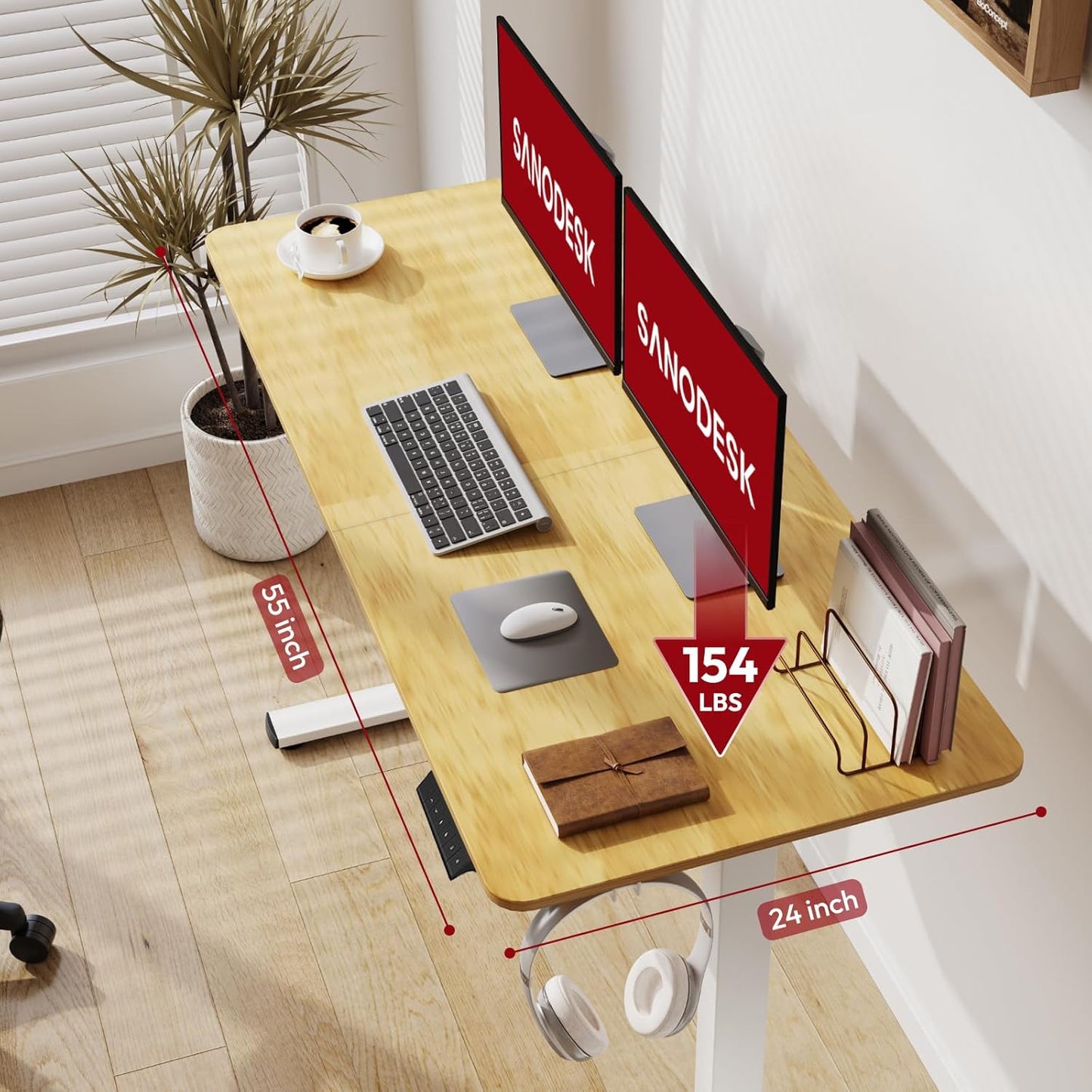 SANODESK Electric Standing Desk 55x24 Inch Height Adjustable Stand Up Desk Home Office Computer Workstation Sit Stand Home Office Desk with Splice Board (White Frame + Maple Top)