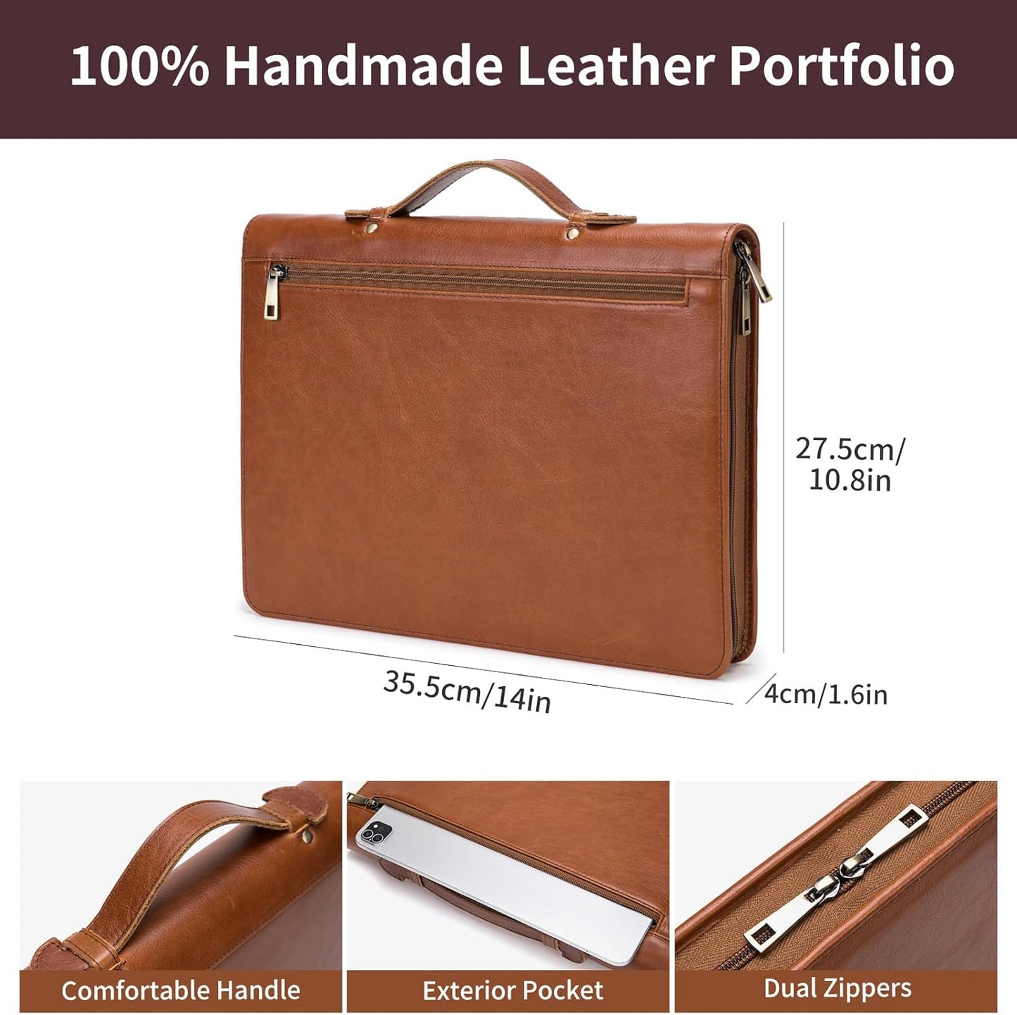 Genuine Leather Portfolio with Hidden Handle, Zippered Front Pocket, Business Padfolio for Men and Women, 8.5 x 11 Legal Pad Notebook Holder, Office Letter Notepad Folio, Oil Tanned