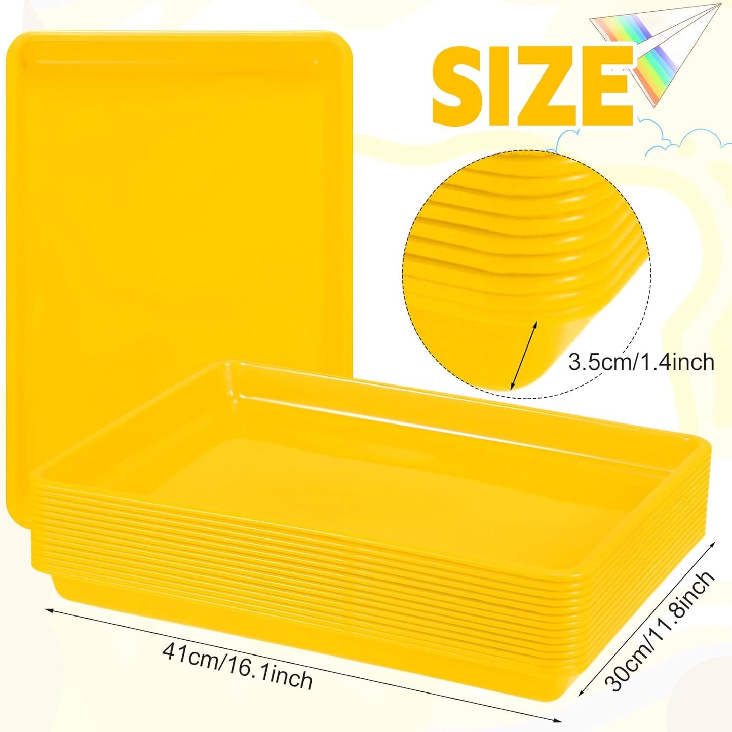 Maitys 15 Pcs Flat Plastic Trays 16.1 x 11.8'' Sensory Storage Paper Tray Stackable Classroom Bins for Office Home Organizer Crafts Supplies(Yellow)