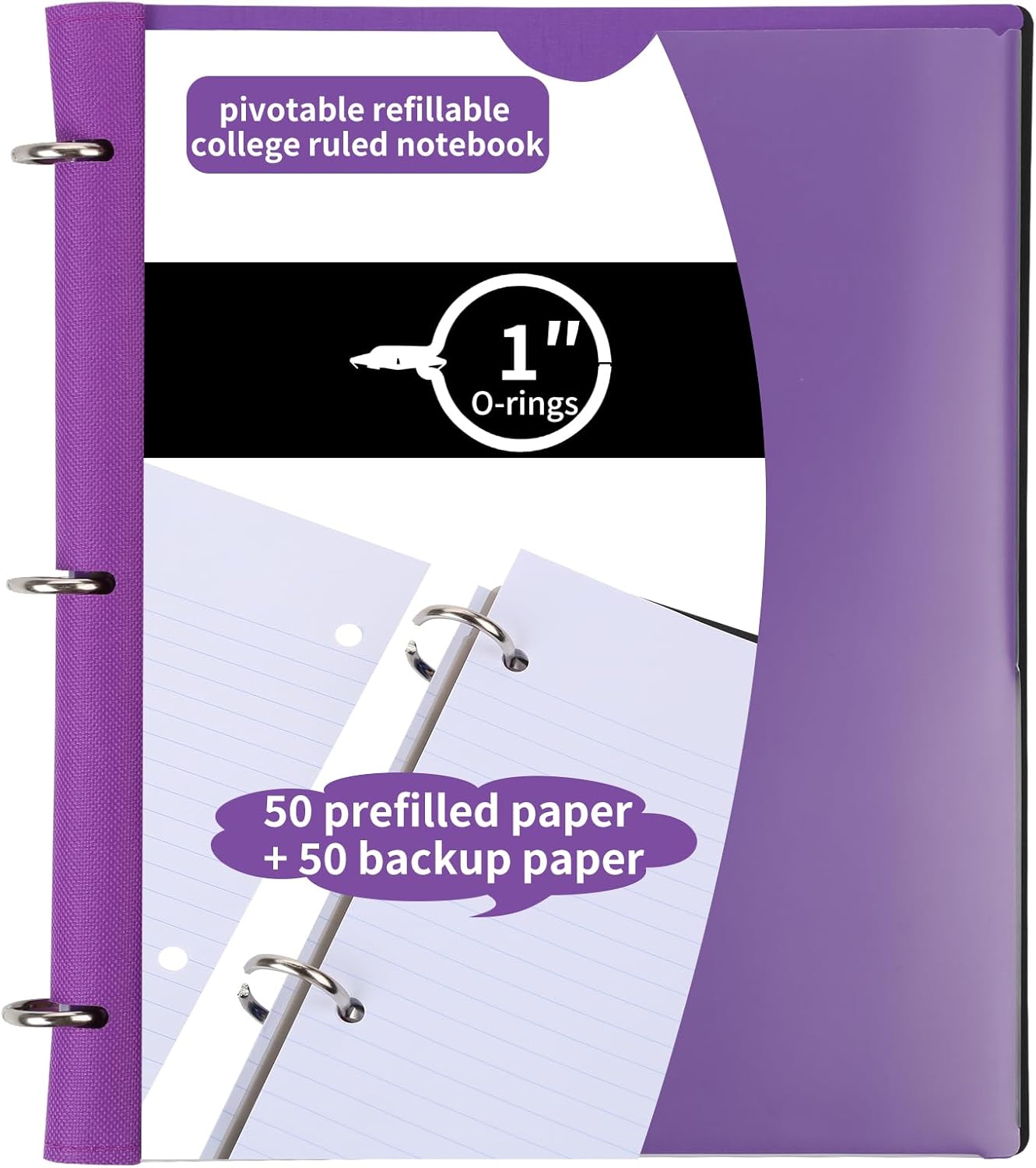 Pivotable Refillable Notebook, Upgraded 1 Inch 3 Ring Notebook Binder, 100 College Ruled Paper, 5 Subject Notebook with Dividers and Folder Pockets, Tabs- Purple