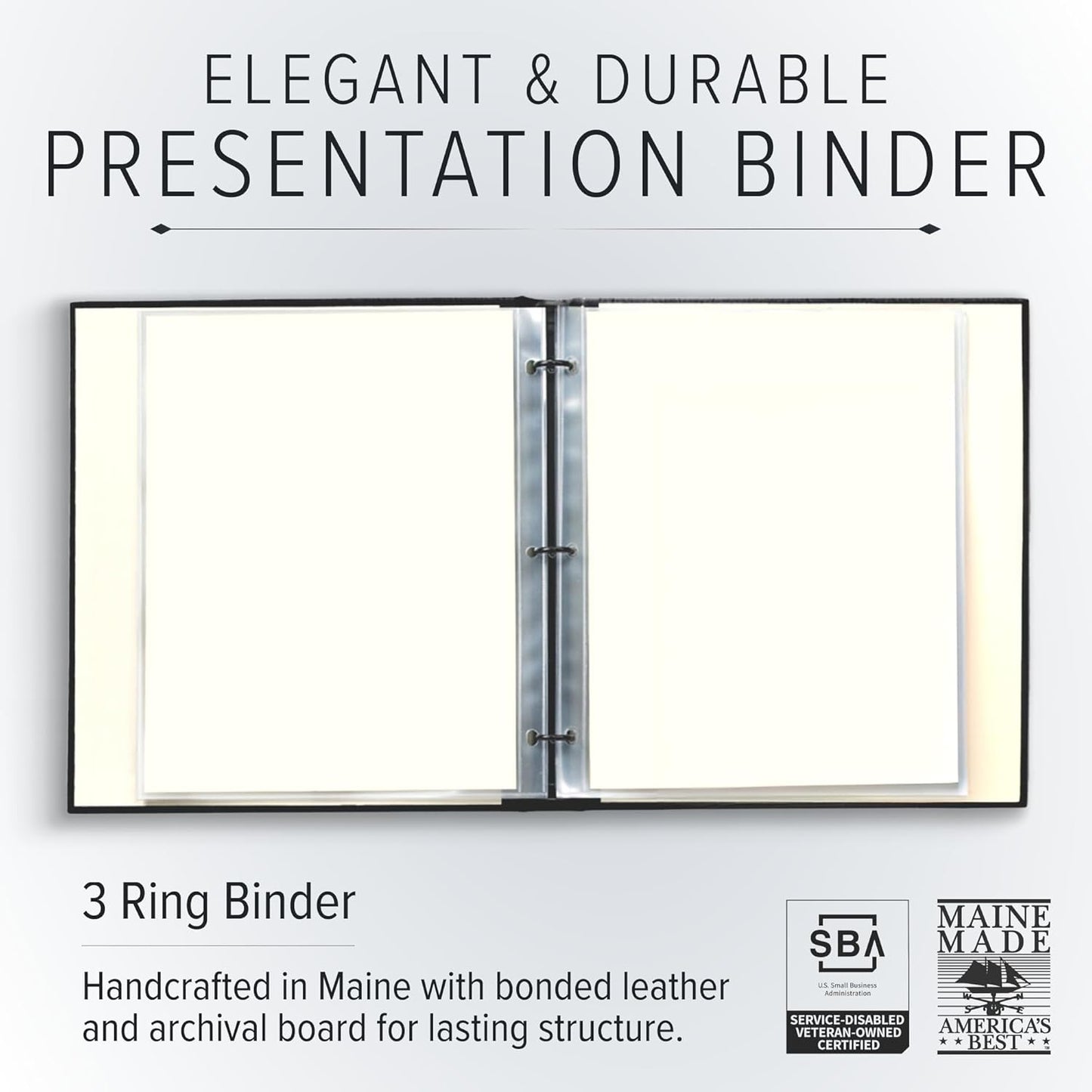 Gallery Leather 3 Ring Binder with Plastic Sleeves, Includes 10 Sheets, Sheet Size: 8.5" x 11" - Presentation Binder Rings with Window and Hubbed Spine, Thick: 0.75" Freeport Black