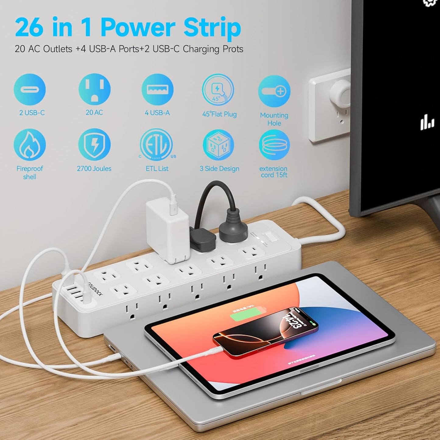 Power Strip Surge Protector Flat Plug with 20 AC Outlets 6 USB Chagring Ports, 1875W/15A, 2700J, 15 Ft Heavy Duty Extension Cord for Home, Office, Dorm, Gaming,ETL Listed (White, 15Feet)