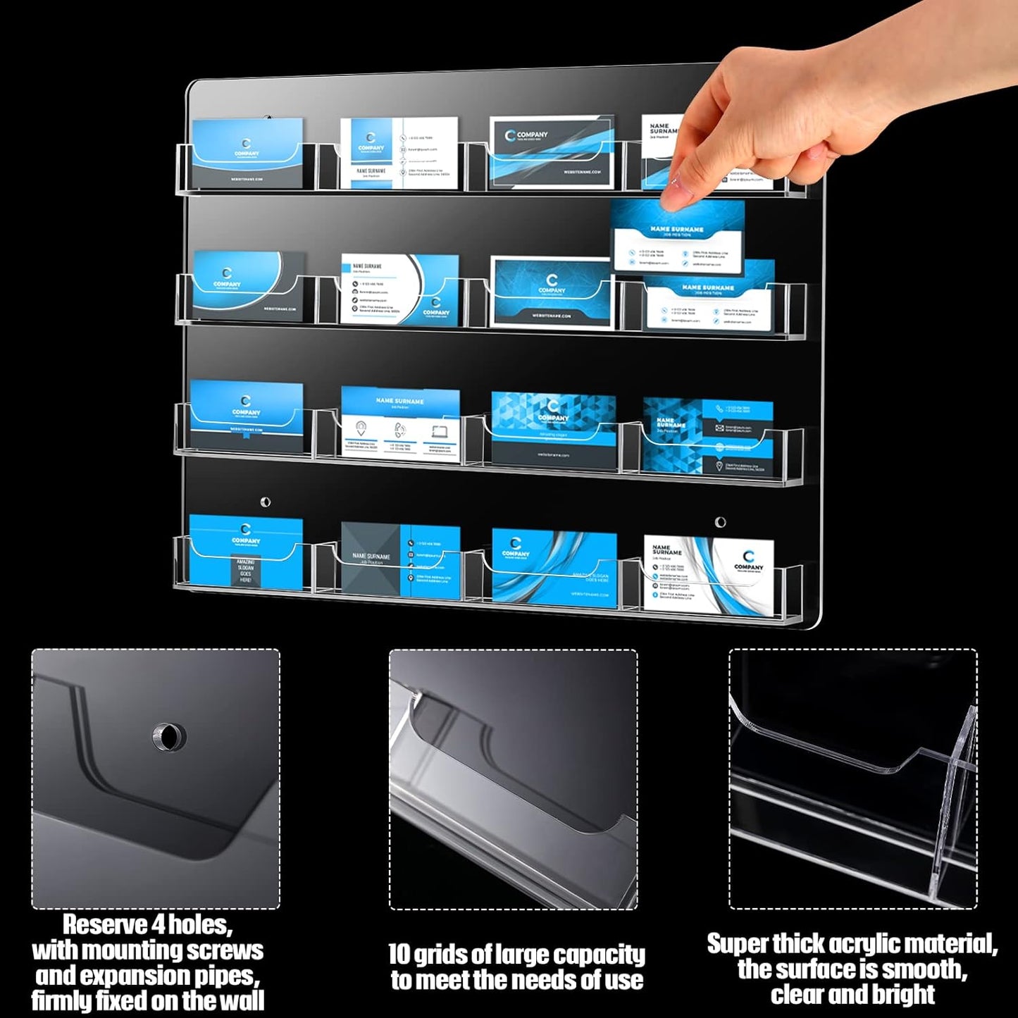 Hillban Acrylic Business Card Holder Wall Mount Clear Sticker Display Rack Multiple Card Holders Clear Acrylic Organizing Sticker Display Stand Pre Drilled(16 Pockets)