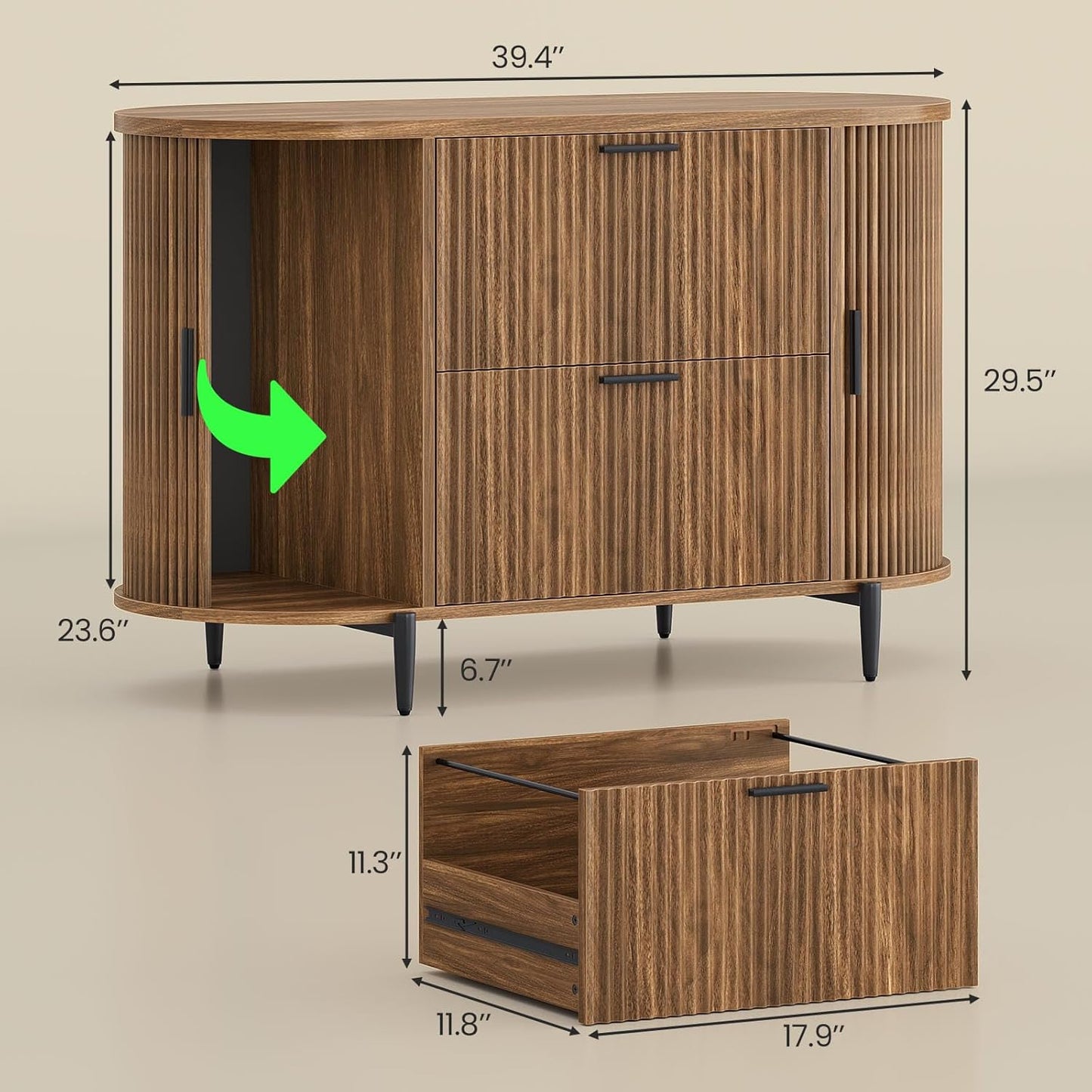 SEDETA 2 Drawer File Cabinet, 39.4" Filing Cabinet for Home Office, fit Legal/Letter/A4 Size, Light Luxury Fluted Filing Cabinets with 2 Sliding Door Storage, Printer Stand, Brown