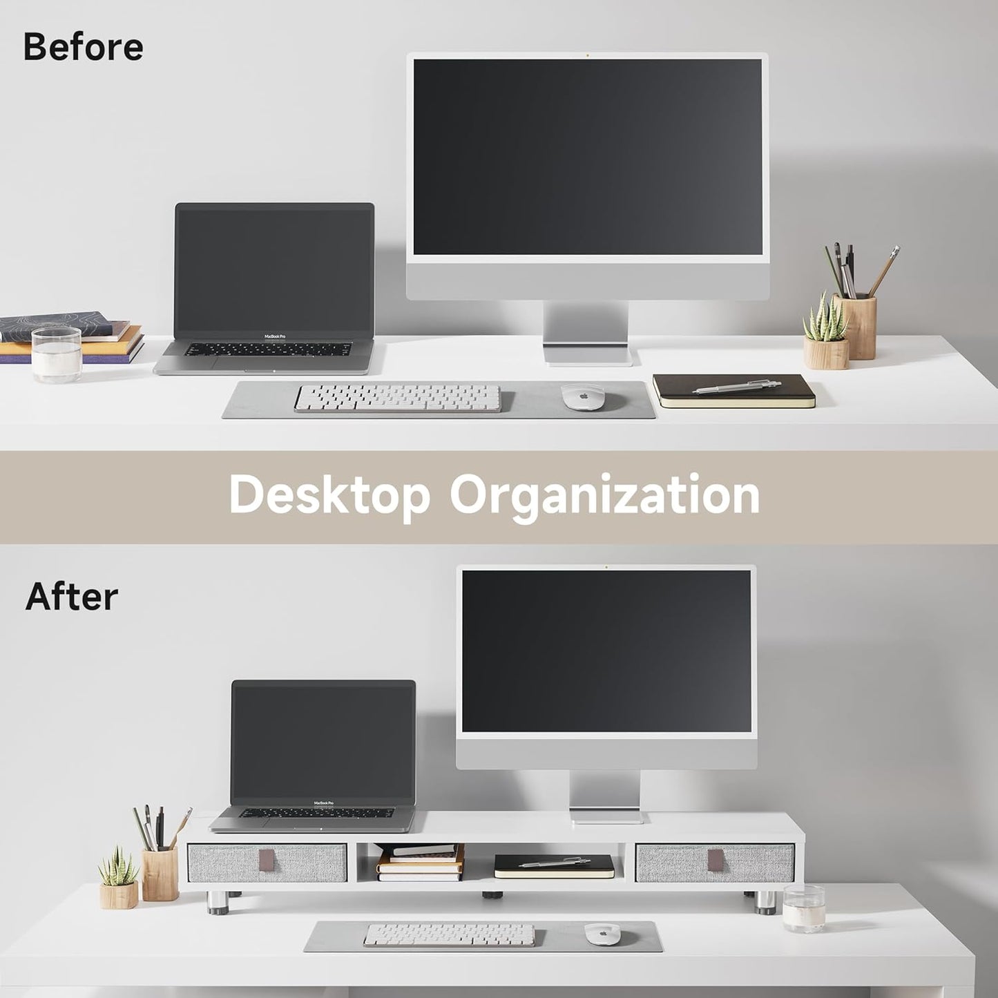 Fenge Dual Monitor Stand with 2 Drawers, 42.5 Inches Large Computer Riser for Desk, Adjustable Height Desk Shelf with Storage for Laptop, PC, TV, Printer