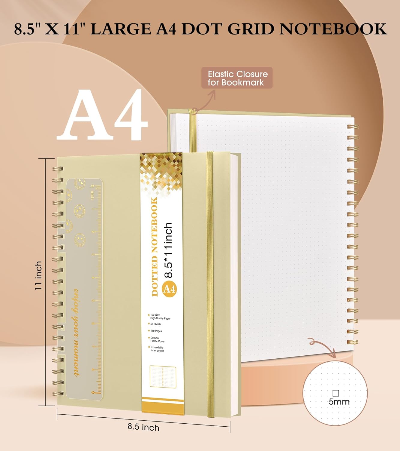 Dotted Notebook, Spiral Notebook Journal 8.5” x 11”, A4 Large Dot Grid Notebooks for Women Men, 100 GSM Dotted Paper, Plastic Hardcover Spiral Bullet Journals for Work School Sketching, Yellow