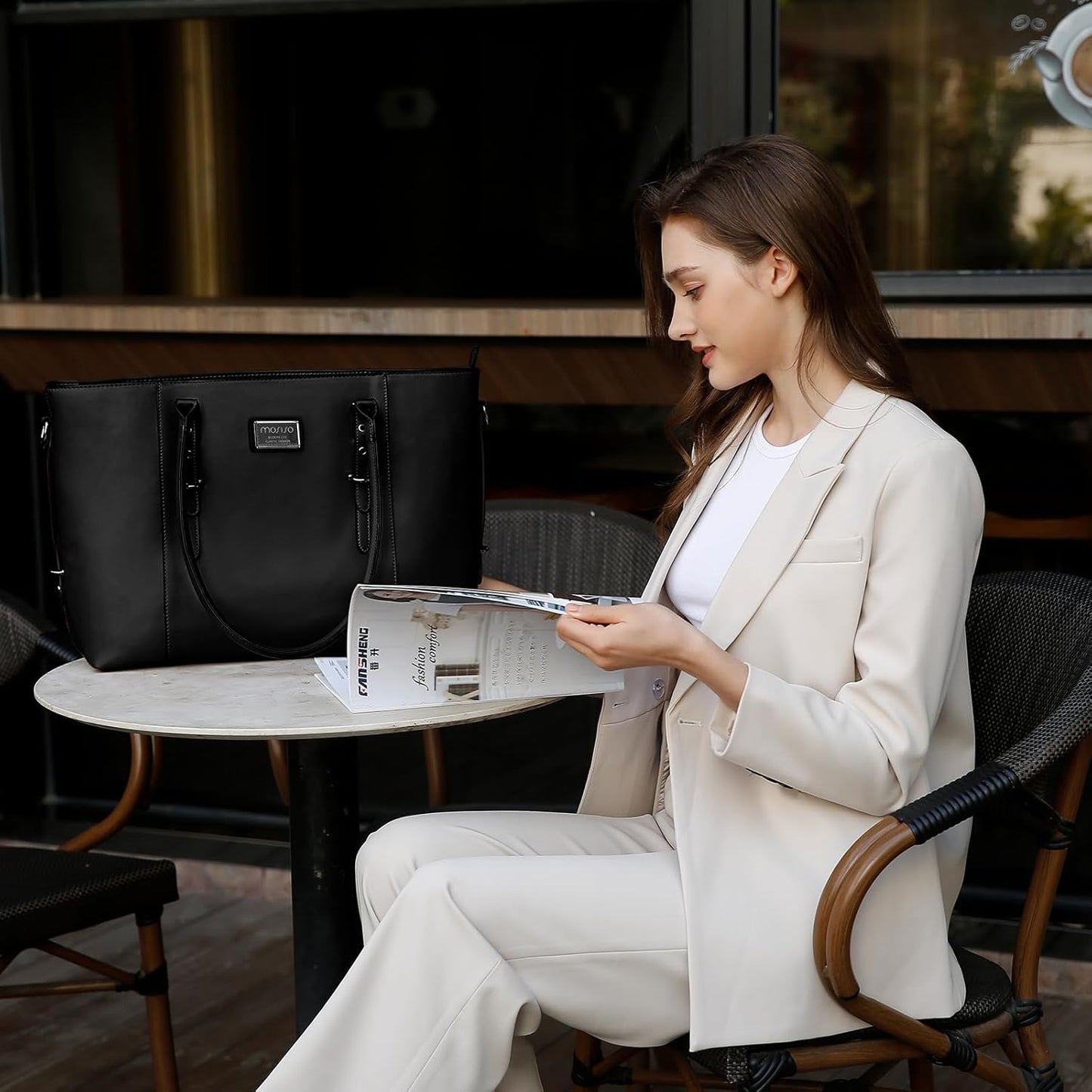 MOSISO PU Leather Laptop Tote Bag for Women, Waterproof Large Capacity Business Work Briefcase Shoulder Laptop Bag