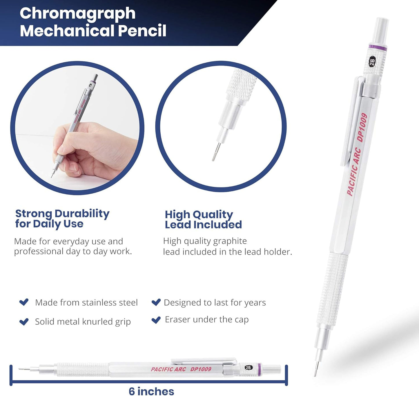 Pacific Arc Chromograph Metal Mechanical Pencil .9 mm Silver Barrel Mechanical Pencil with Built In Lead Pencil Grade Indicator, Lead Pencil Holder for Drafting, Sketching, and Drawing