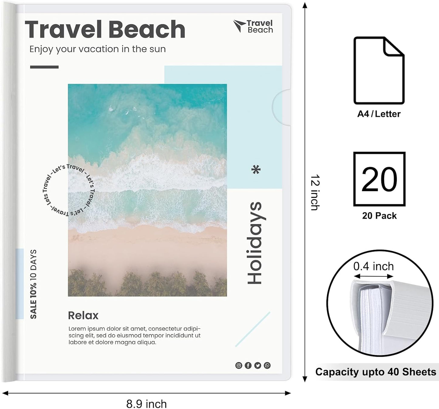 JOERSH 20Pcs Clear Report Covers with Sliding Bar, 40 Sheet Capacity Plastic Binder Paper Protector, Report Folders with Clear Cover for Resume File Documents, 5 Colors