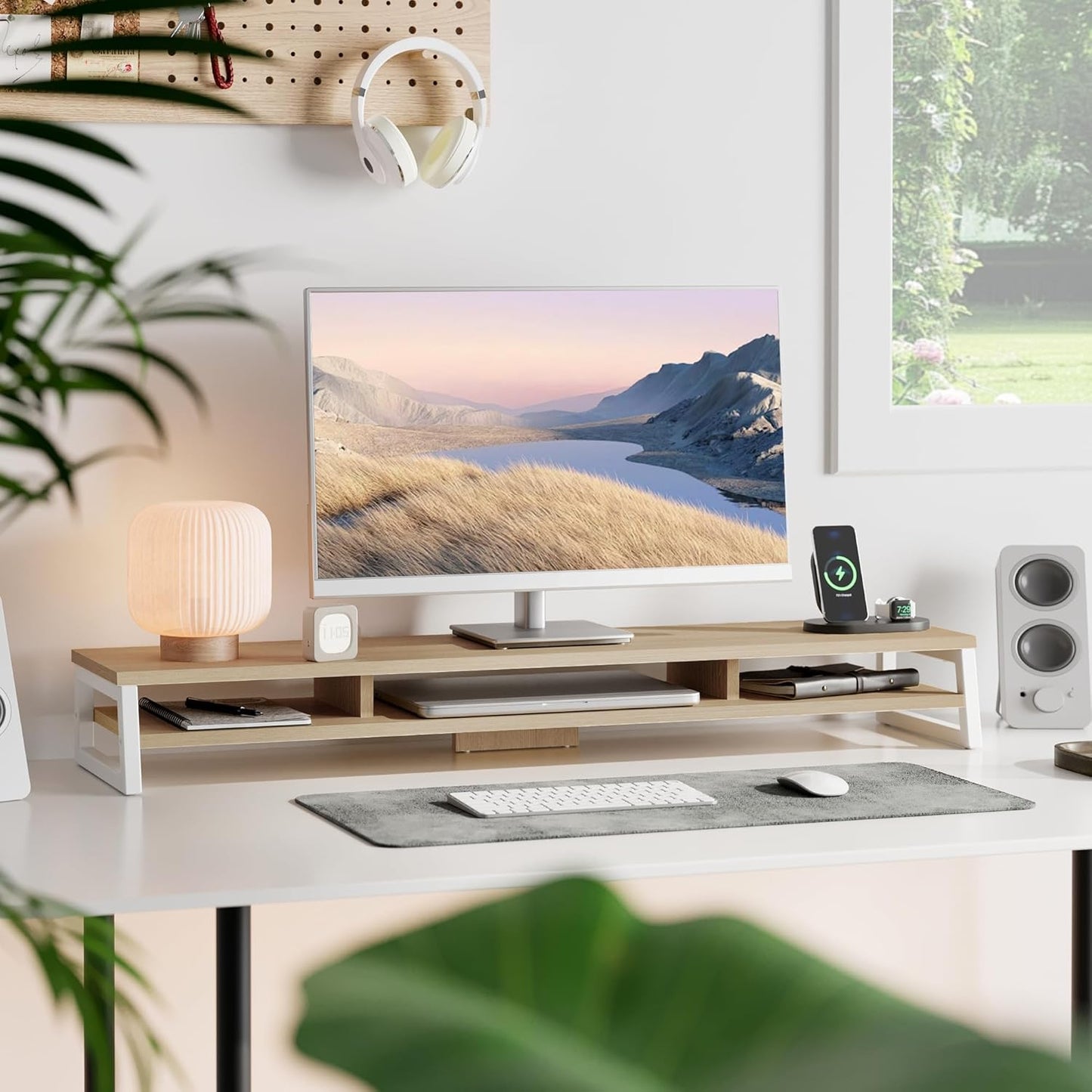 Fenge Dual Monitor Stand for Desk, 42.5in Large Monitor Riser for 2 Monitors, 2 Tier Computer Office Desk Top Shelf, Desktop Storage Stand for Laptop, PC, Computer, Printer