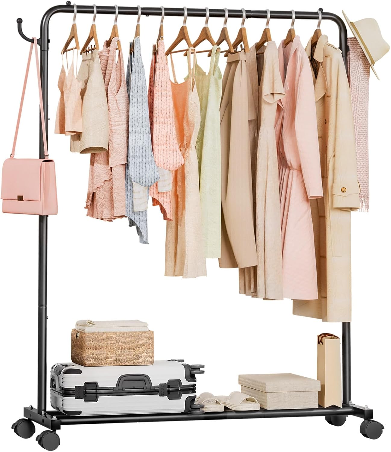 Homde Heavy Duty Clothes Rack: 120lb Standing Garment Storage for Indoor - Rolling Hanging Rod for Bedroom Laundry Room - Coat Dress Organizer on Wheels with luggage shelf (Black，46")