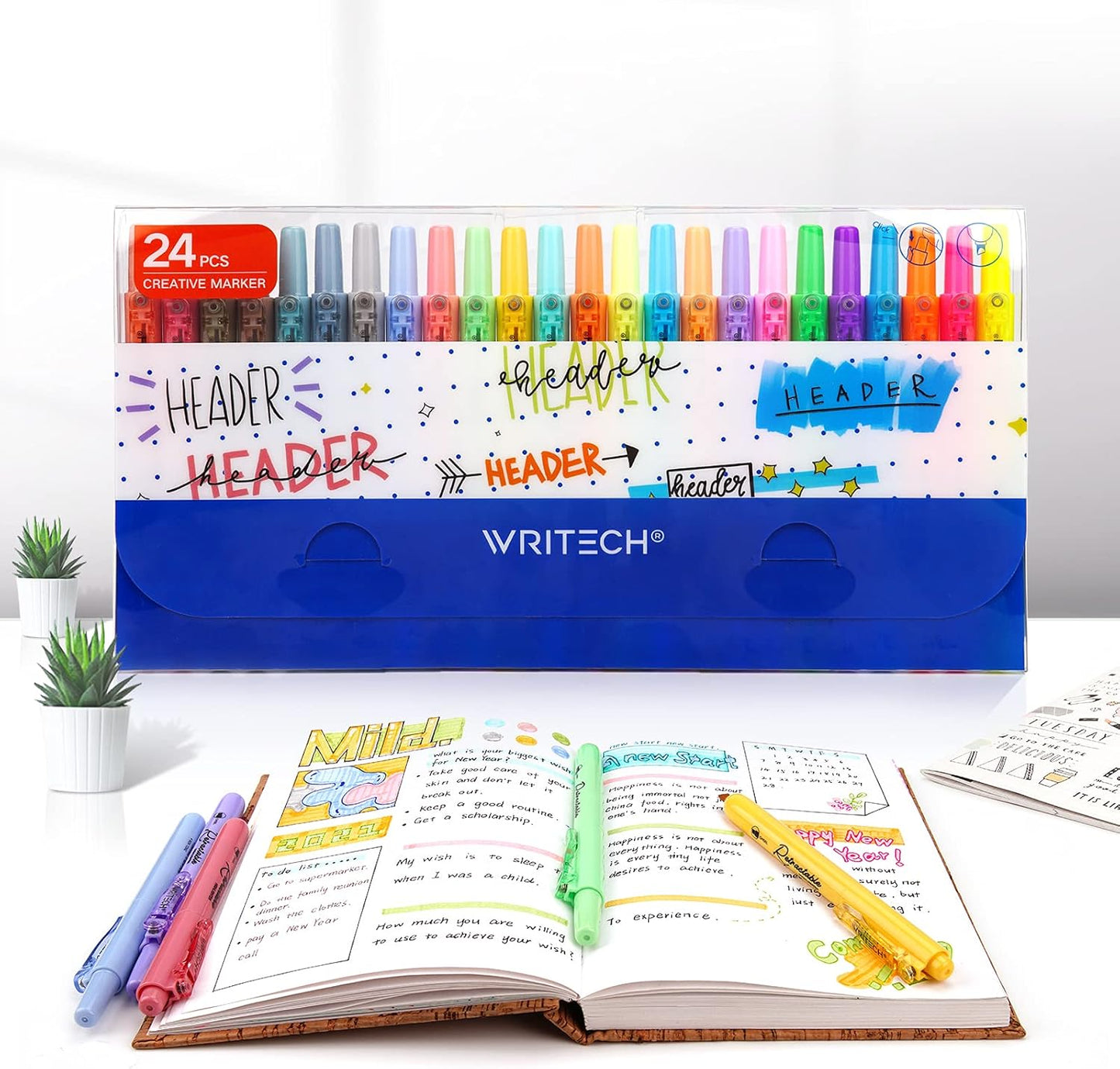 WRITECH Retractable Highlighters Assorted Colors: Chisel Tip Click Aesthetic Highlighter Marker Pens Pack Multi Colored Ink No Bleed Smear for Highlighting Journaling (24ct Mild+Vintage+Neon+Pastel)
