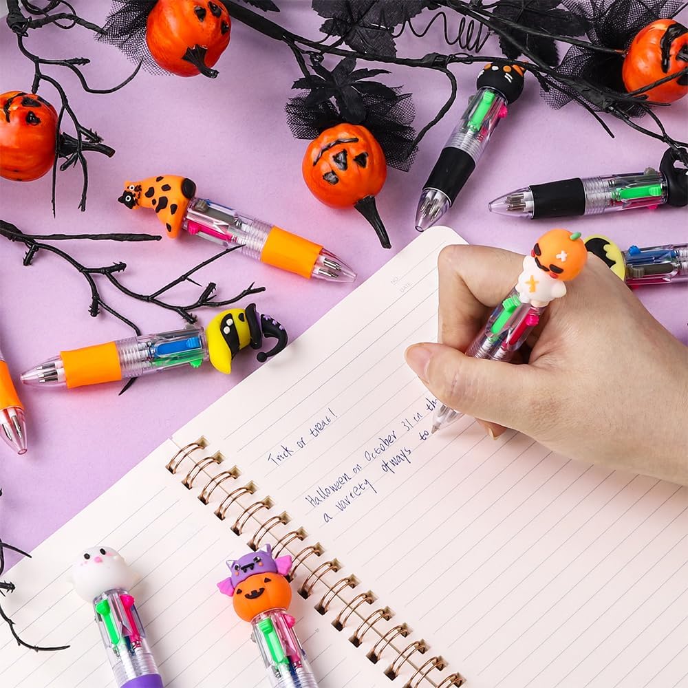 24PCS Halloween Multicolor Ballpoint Pens 4 Colors in 1 Retractable 0.7mm Cartoon Cute Fun Pens for Kids Ghost Pumpkin Writing tationery for Holiday Party School Supplies Students Rewards