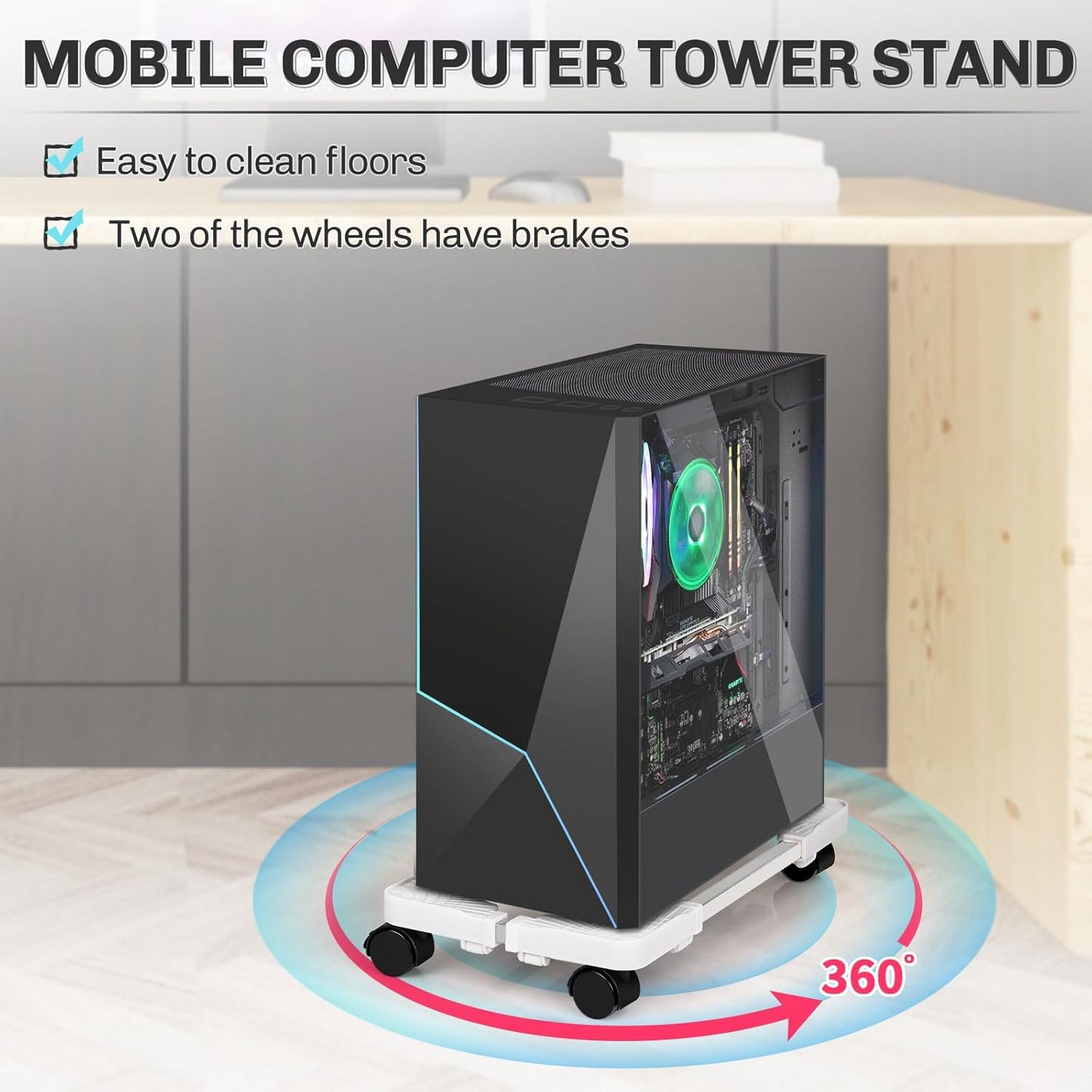 Liitrton Mobile CPU Stand Adjustable Computer Tower Stand with 4 Caster Wheels Fits Most PC (White)