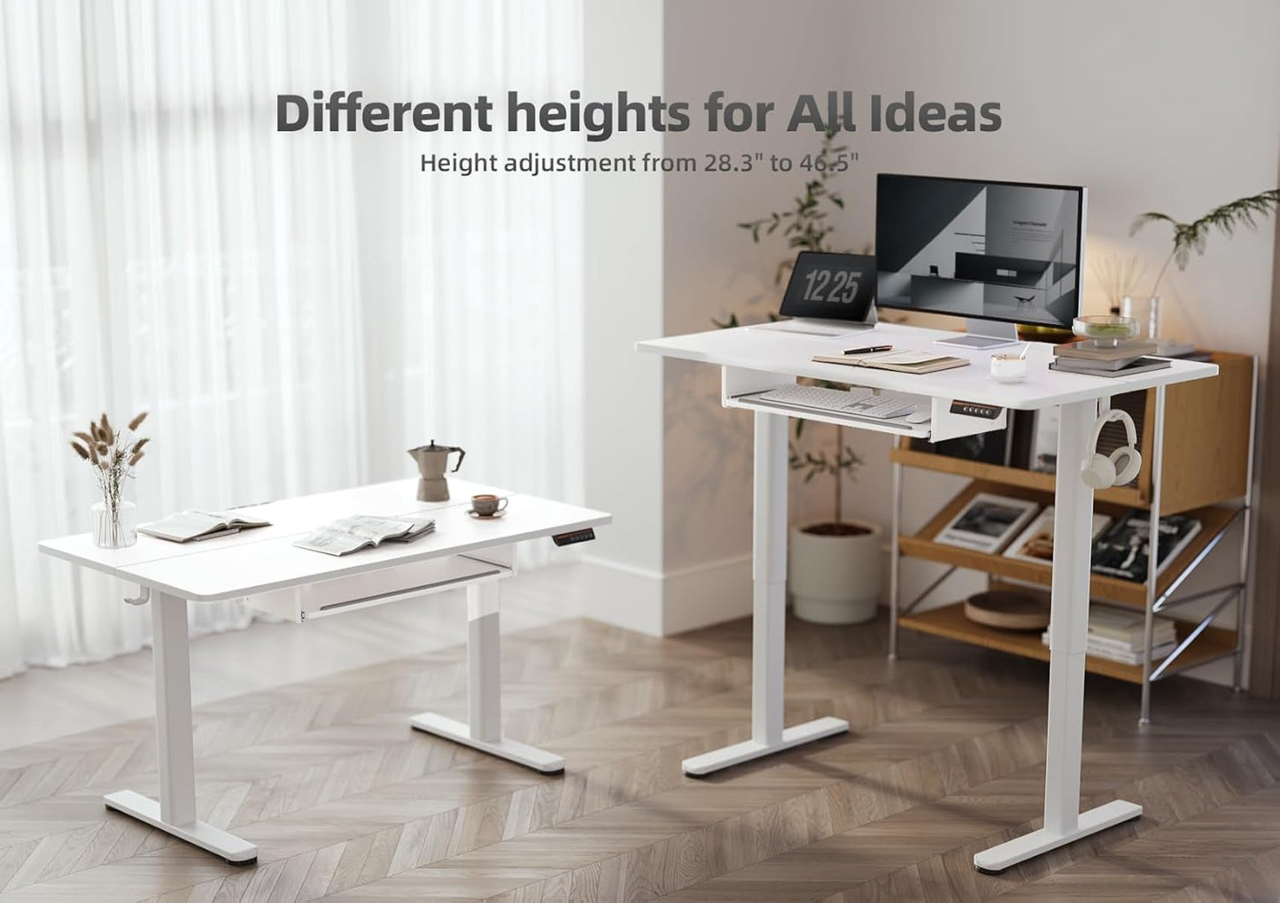 YDN Standing Desk with Keyboard Tray, 48 Inch Height Adjustable Desk with Cable Management, White Stand Up Desks for Home and Office, White