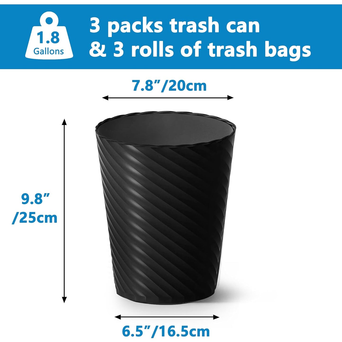 Bathroom Trash Can, 8 Pack 1.8 Gallons Small Trash Can with Trash Bags, Bathroom Garbage Can, Plastic Trash Bin, Round Waste Basket for Living Room, Bedroom, Office, Kitchen, Compact Space (Black)