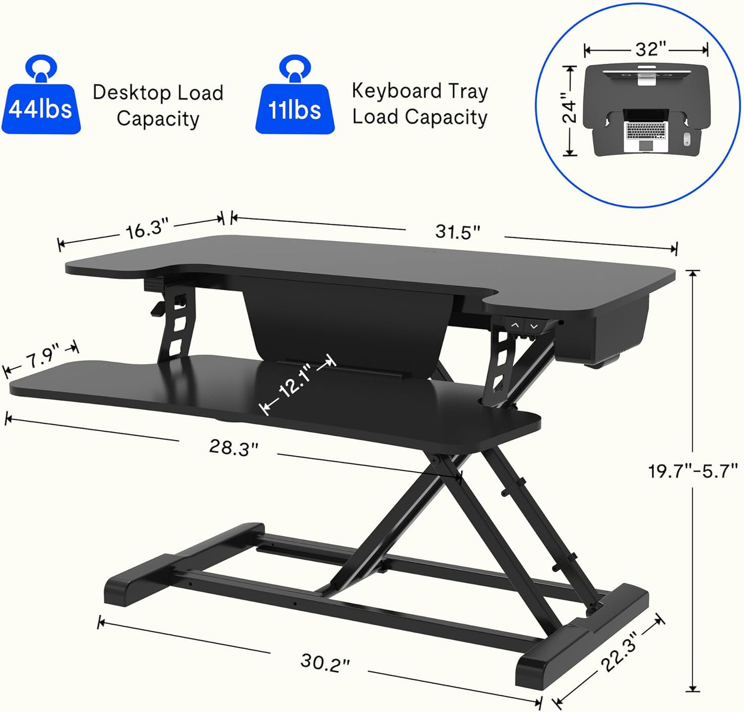 FLEXISPOT Motorized Standing Desk Converter 32" Black Electric Height Adjustable Stand up Desk Riser with Quick Release Keyboard Tray