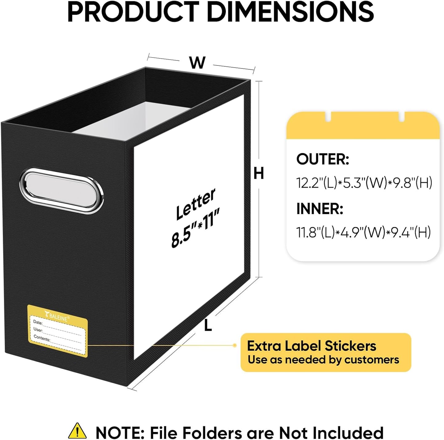 BALEINE File Organizer Box, Cardboard File Folder Organizer with Handle for Letter Size, Portable Collapsible Hanging Filing Box for Home Office Document Storage (2 Pack, Black)